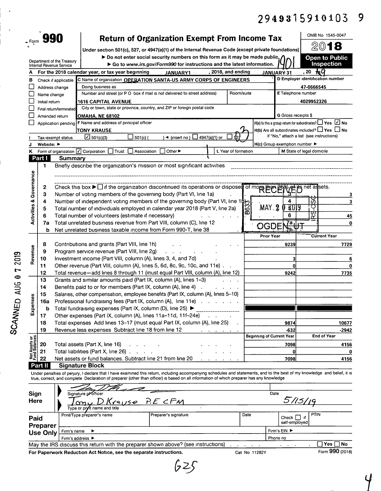 Image of first page of 2018 Form 990 for U S Army Corps of Engineers Omaha District Operation Santa