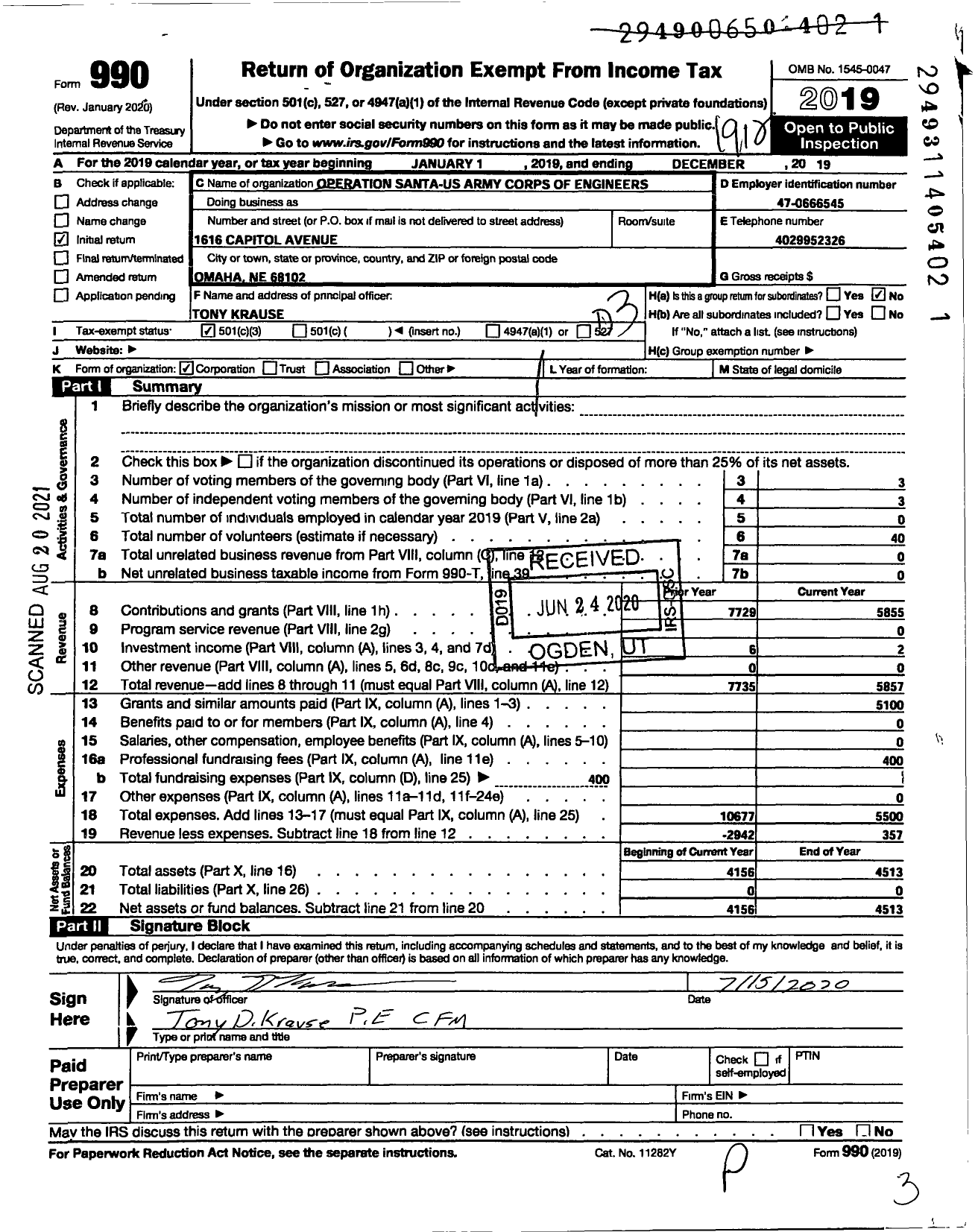 Image of first page of 2019 Form 990 for U S Army Corps of Engineers Omaha District Operation Santa