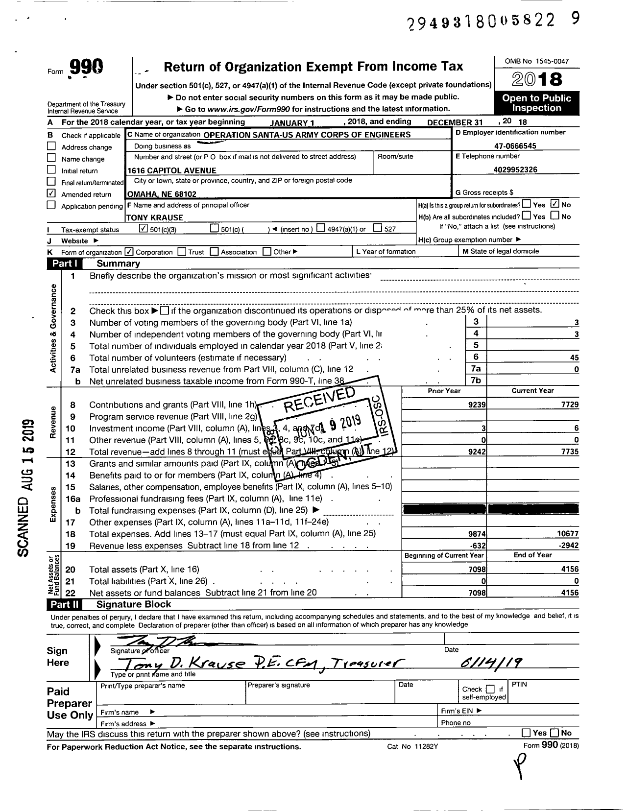 Image of first page of 2018 Form 990 for U S Army Corps of Engineers Omaha District Operation Santa