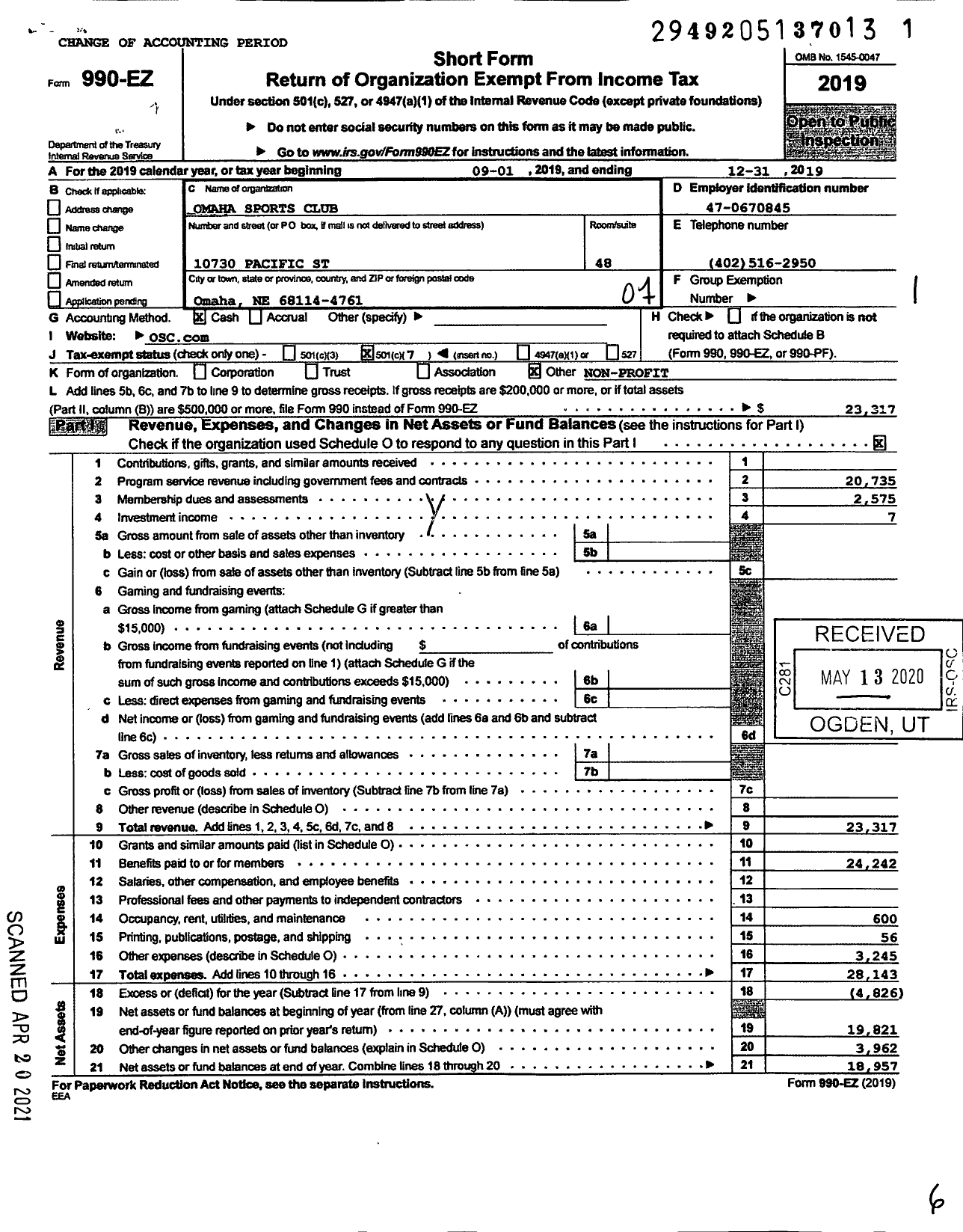 Image of first page of 2019 Form 990EO for Omaha Sports Club