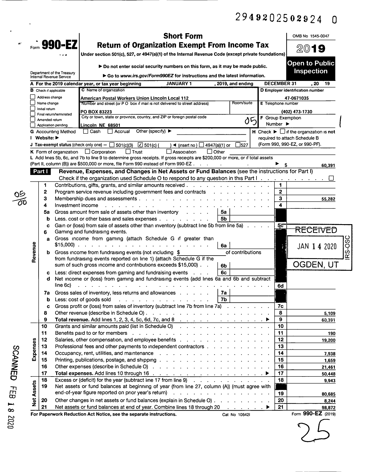 Image of first page of 2019 Form 990EO for American Postal Workers Union - 112 Lincoln Area Local