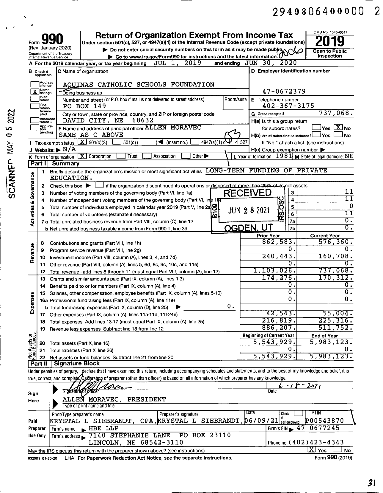 Image of first page of 2019 Form 990 for Aquinas Catholic Schools Foundation