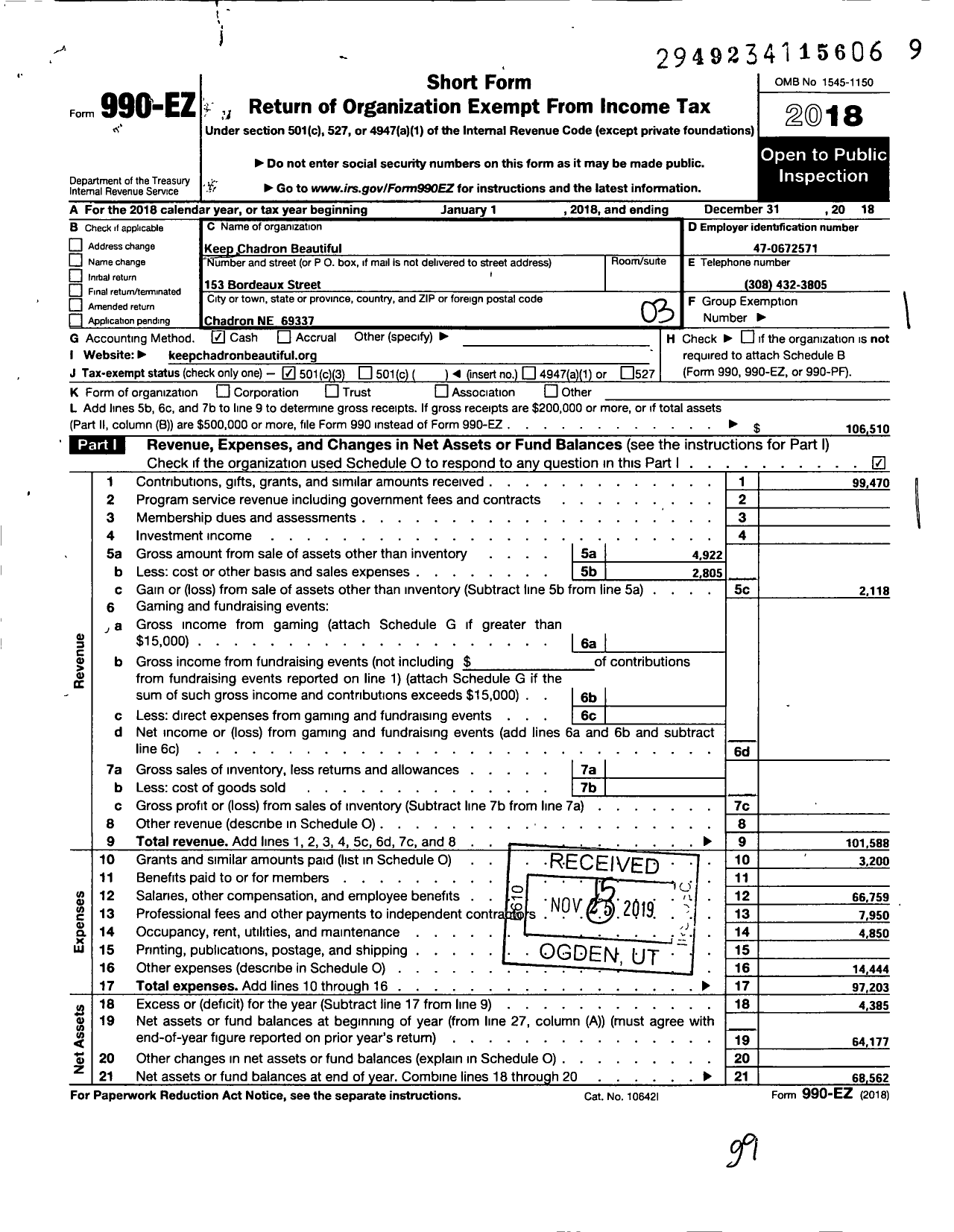 Image of first page of 2018 Form 990EZ for Keep Chadron Beautiful