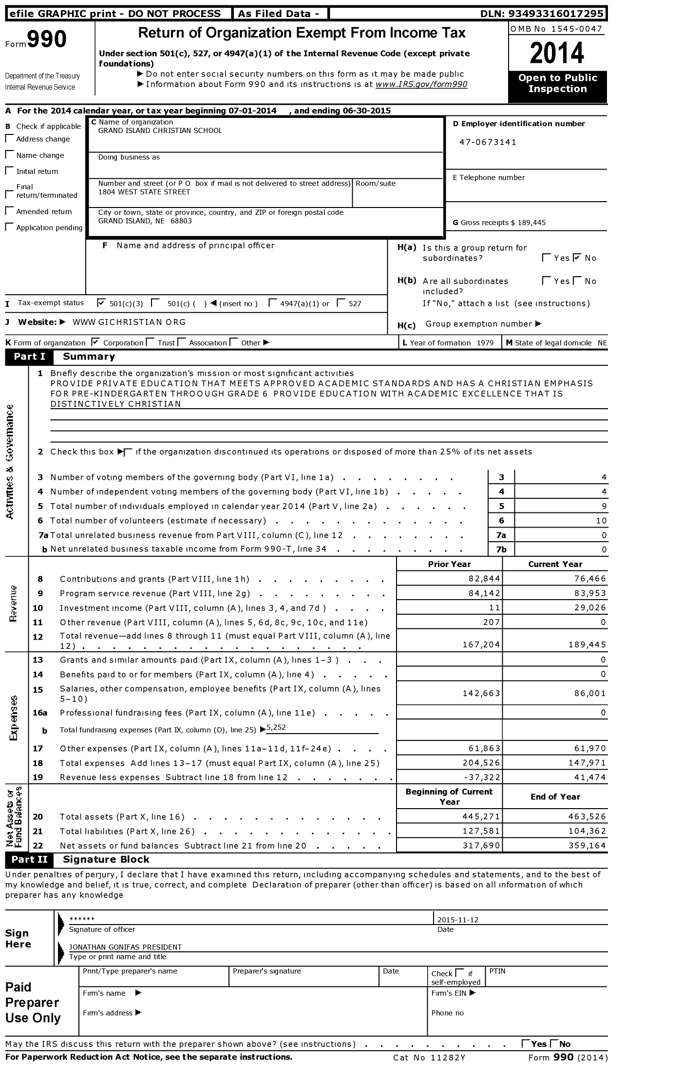 Image of first page of 2014 Form 990 for Grand Island Christian School