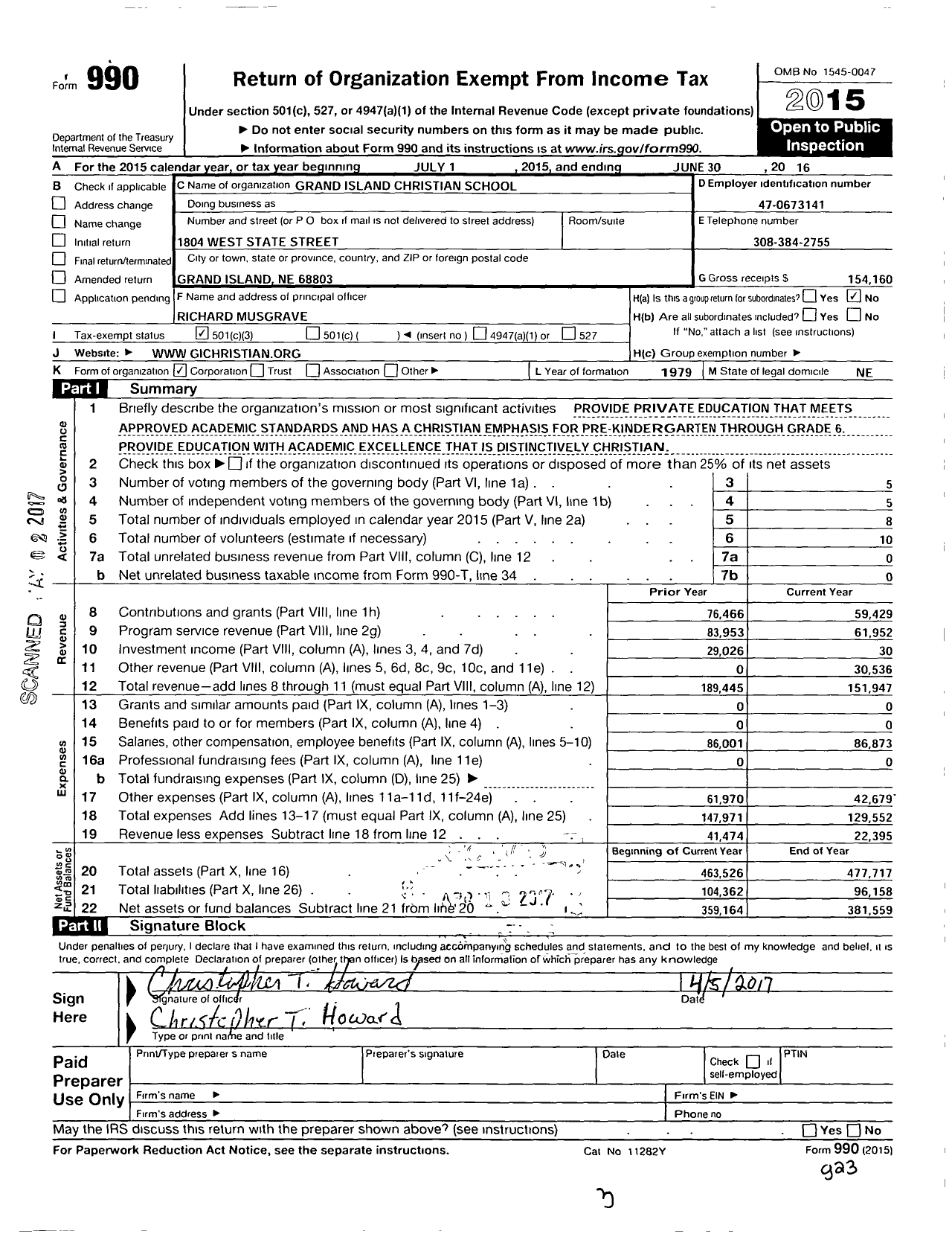 Image of first page of 2015 Form 990 for Grand Island Christian School