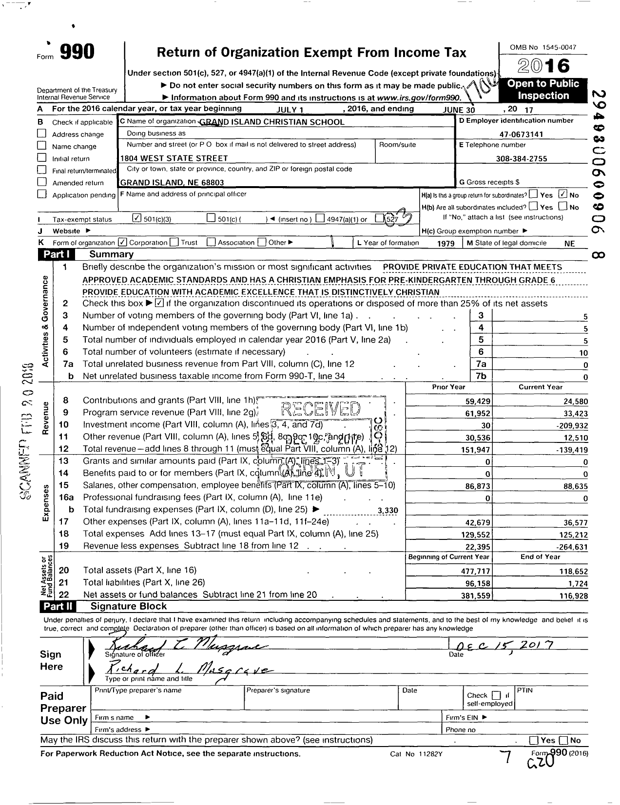 Image of first page of 2016 Form 990 for Grand Island Christian School