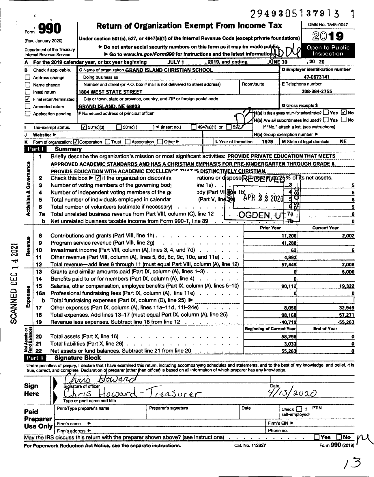 Image of first page of 2019 Form 990 for Grand Island Christian School