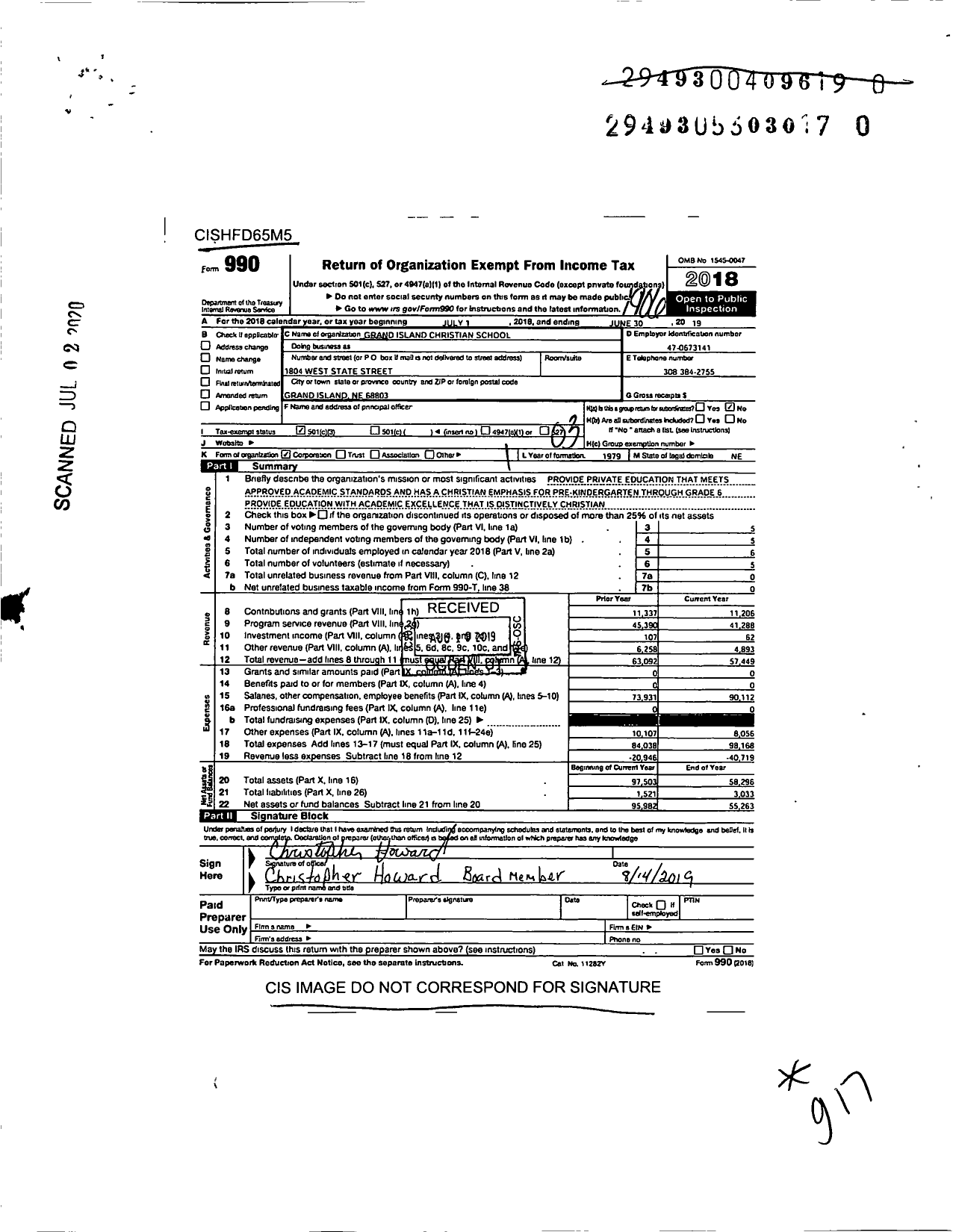 Image of first page of 2018 Form 990 for Grand Island Christian School