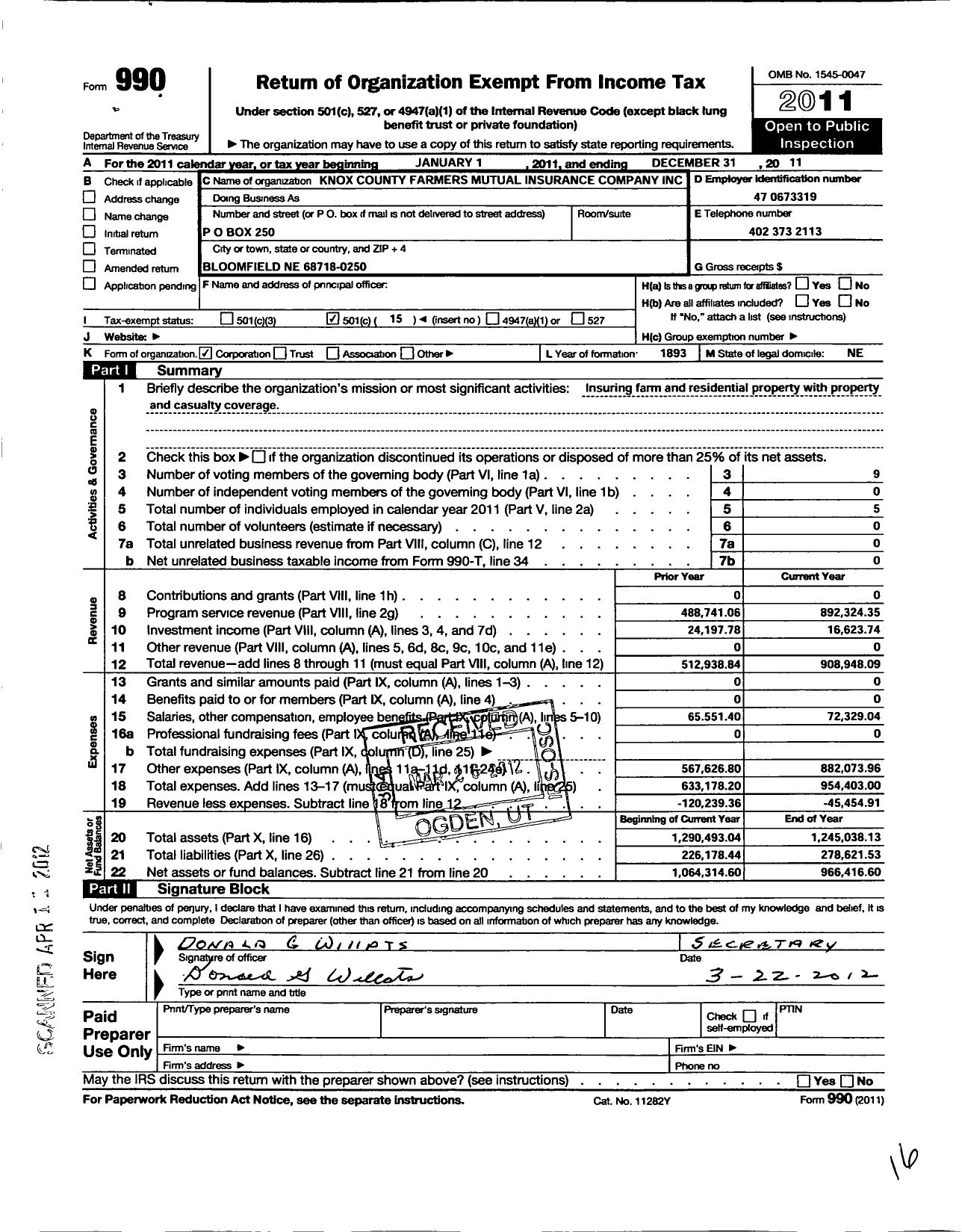 Image of first page of 2011 Form 990O for Knox County Farmers Mutual Insurance Company
