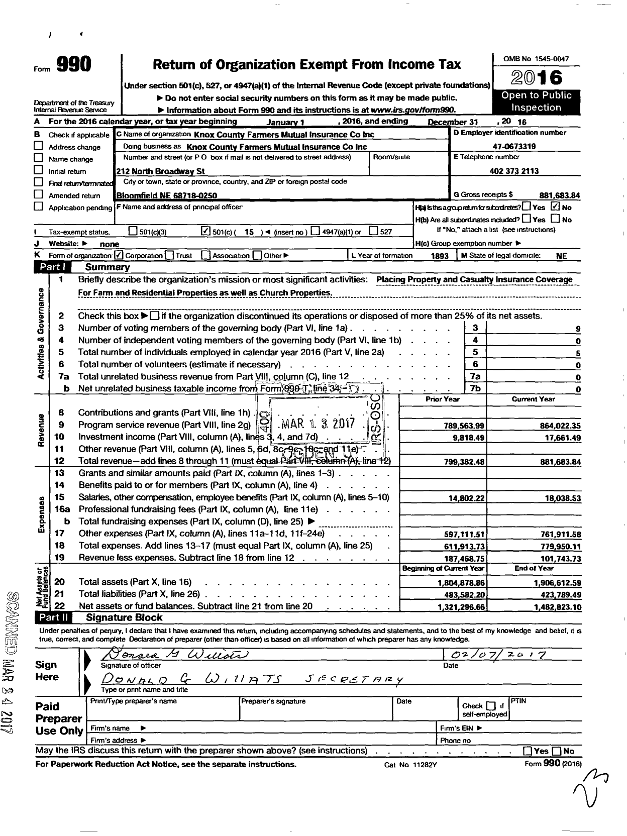 Image of first page of 2016 Form 990O for Knox County Farmers Mutual Insurance Company