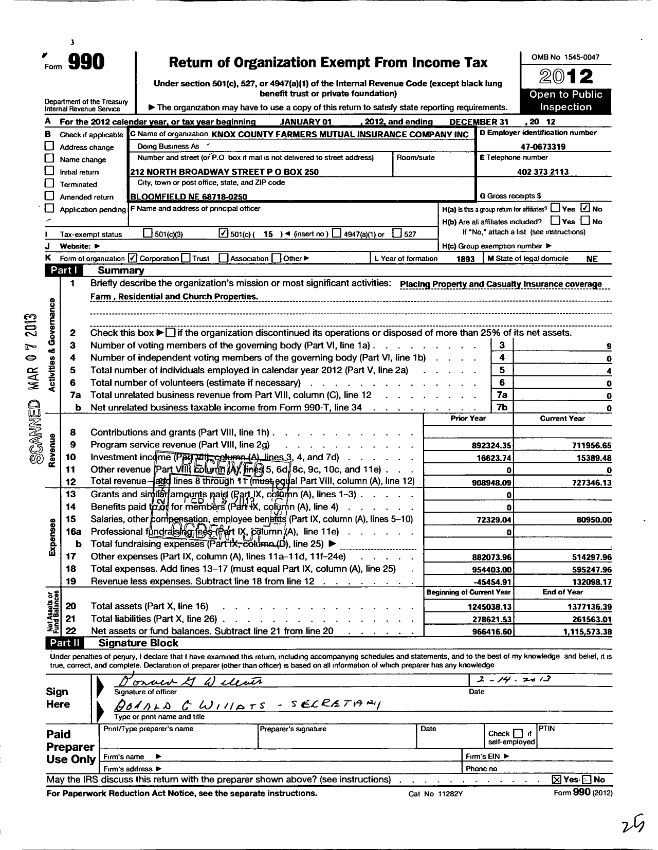 Image of first page of 2012 Form 990O for Knox County Farmers Mutual Insurance Company