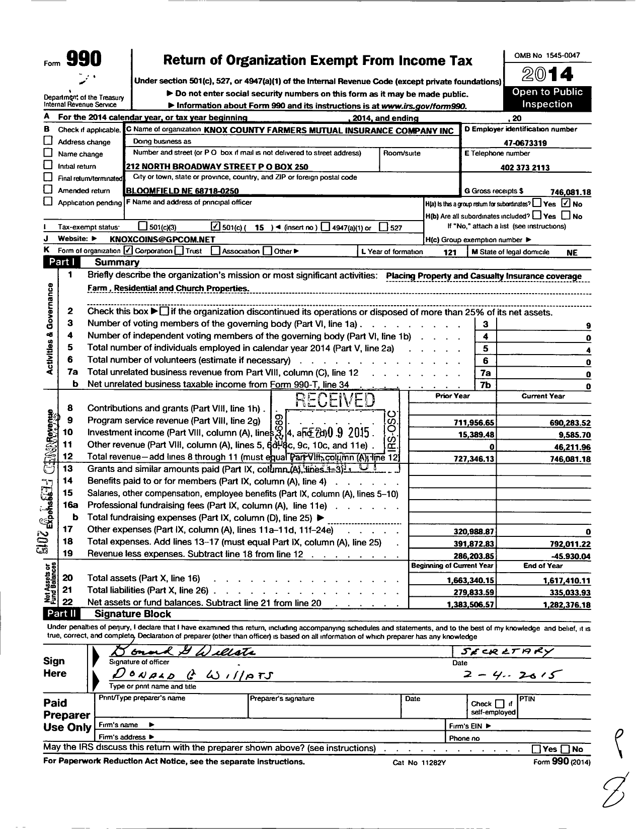 Image of first page of 2014 Form 990O for Knox County Farmers Mutual Insurance Company