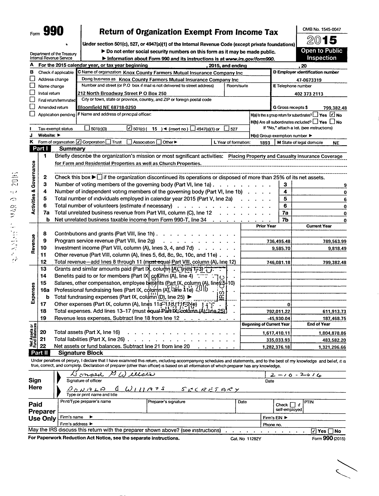 Image of first page of 2015 Form 990O for Knox County Farmers Mutual Insurance Company
