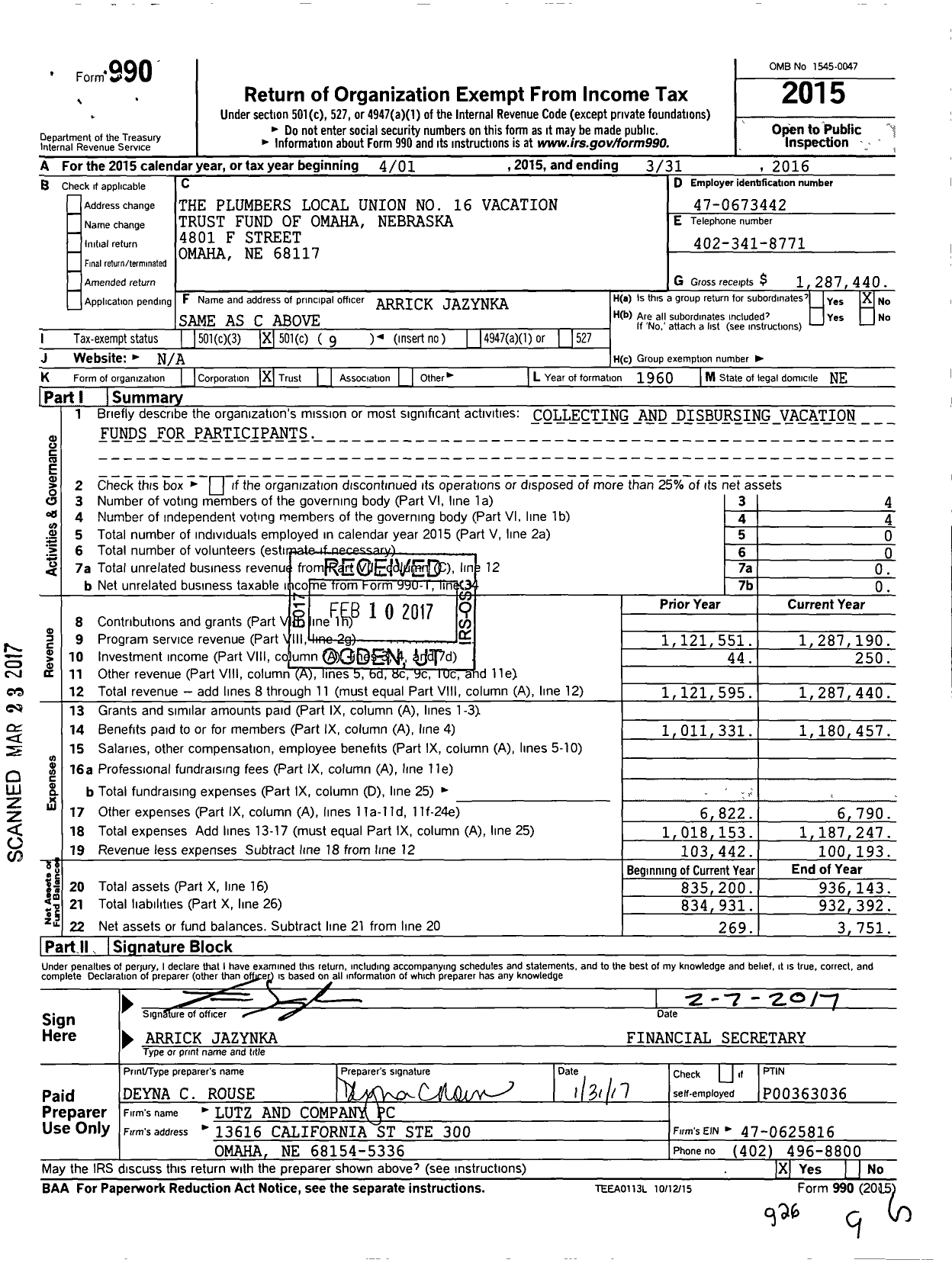Image of first page of 2015 Form 990O for The Plumbers Local Union No 16 Vacation Trust Fund of Omaha Nebraska