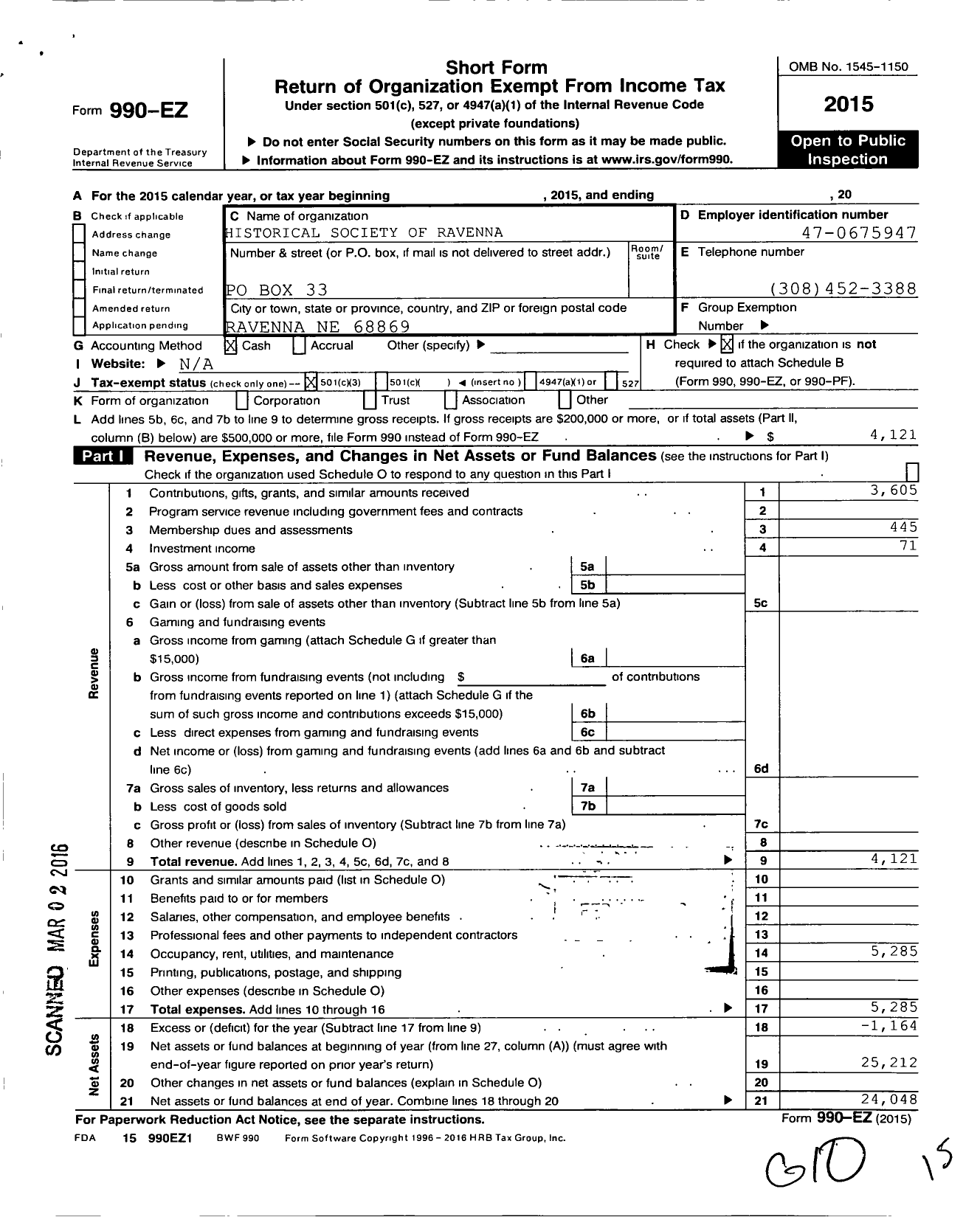 Image of first page of 2015 Form 990EZ for Historical Society of Ravenna