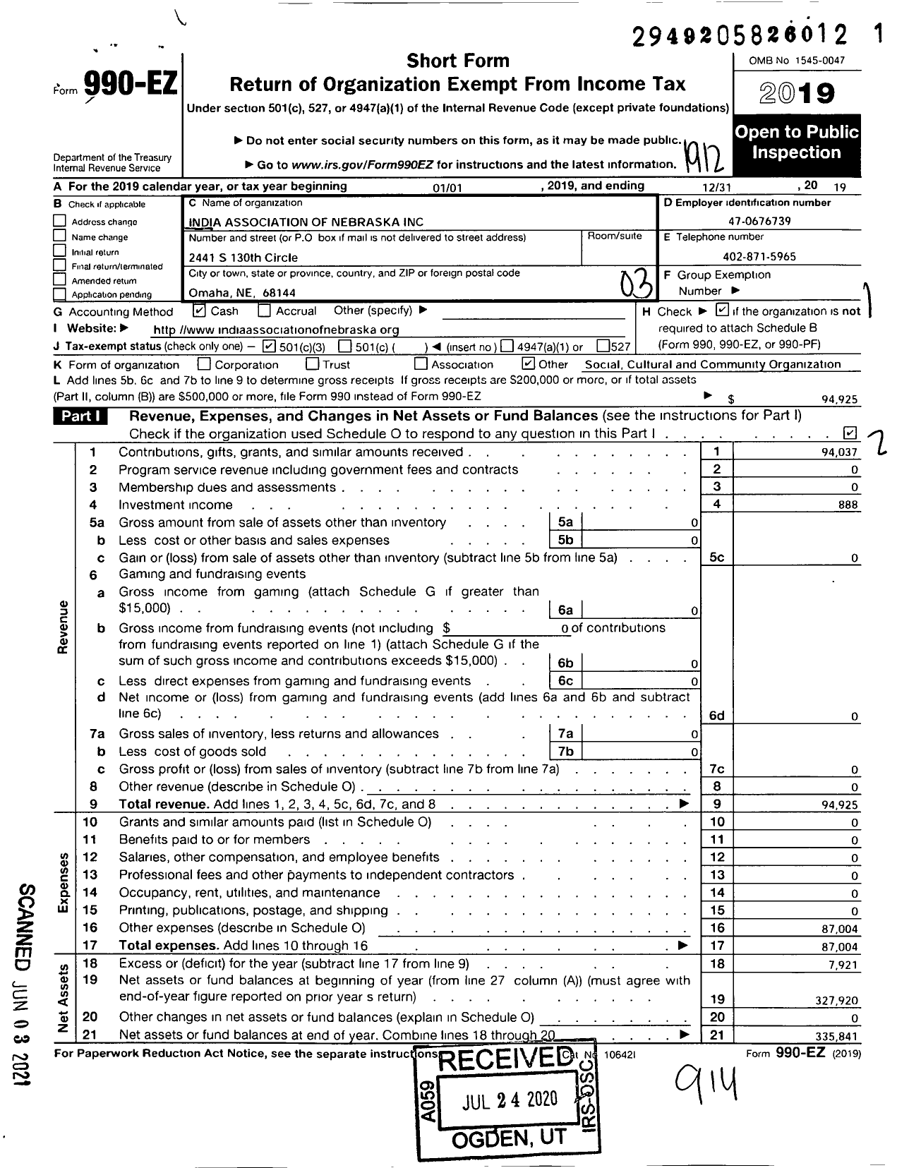 Image of first page of 2019 Form 990EZ for India Association of Nebraska