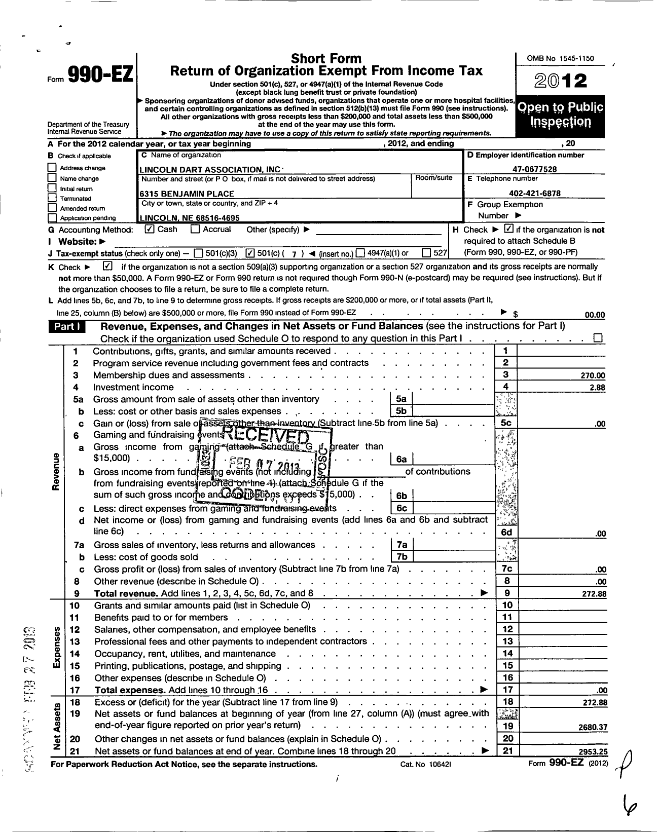 Image of first page of 2012 Form 990EO for Lincoln Dart Association