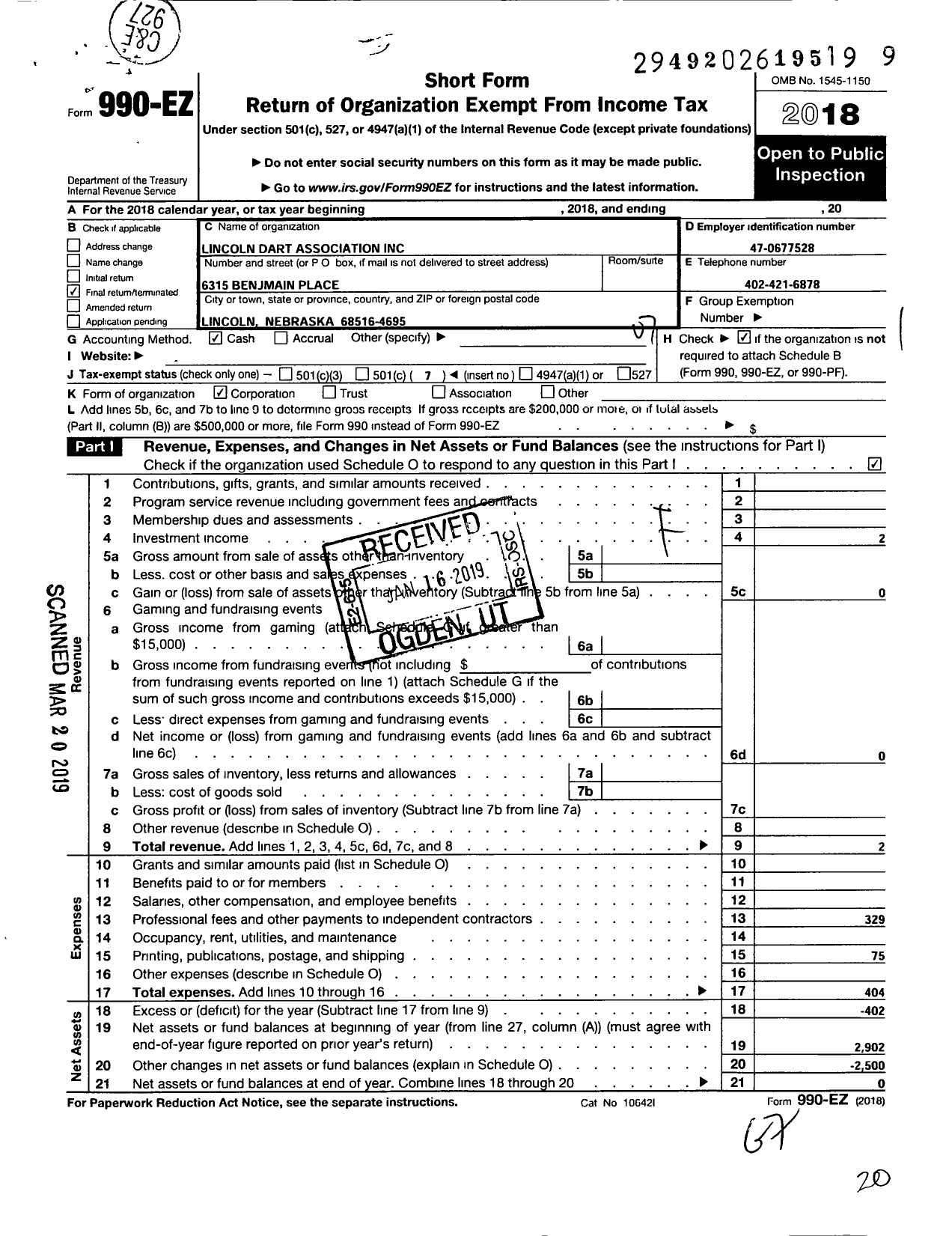 Image of first page of 2018 Form 990EO for Lincoln Dart Association