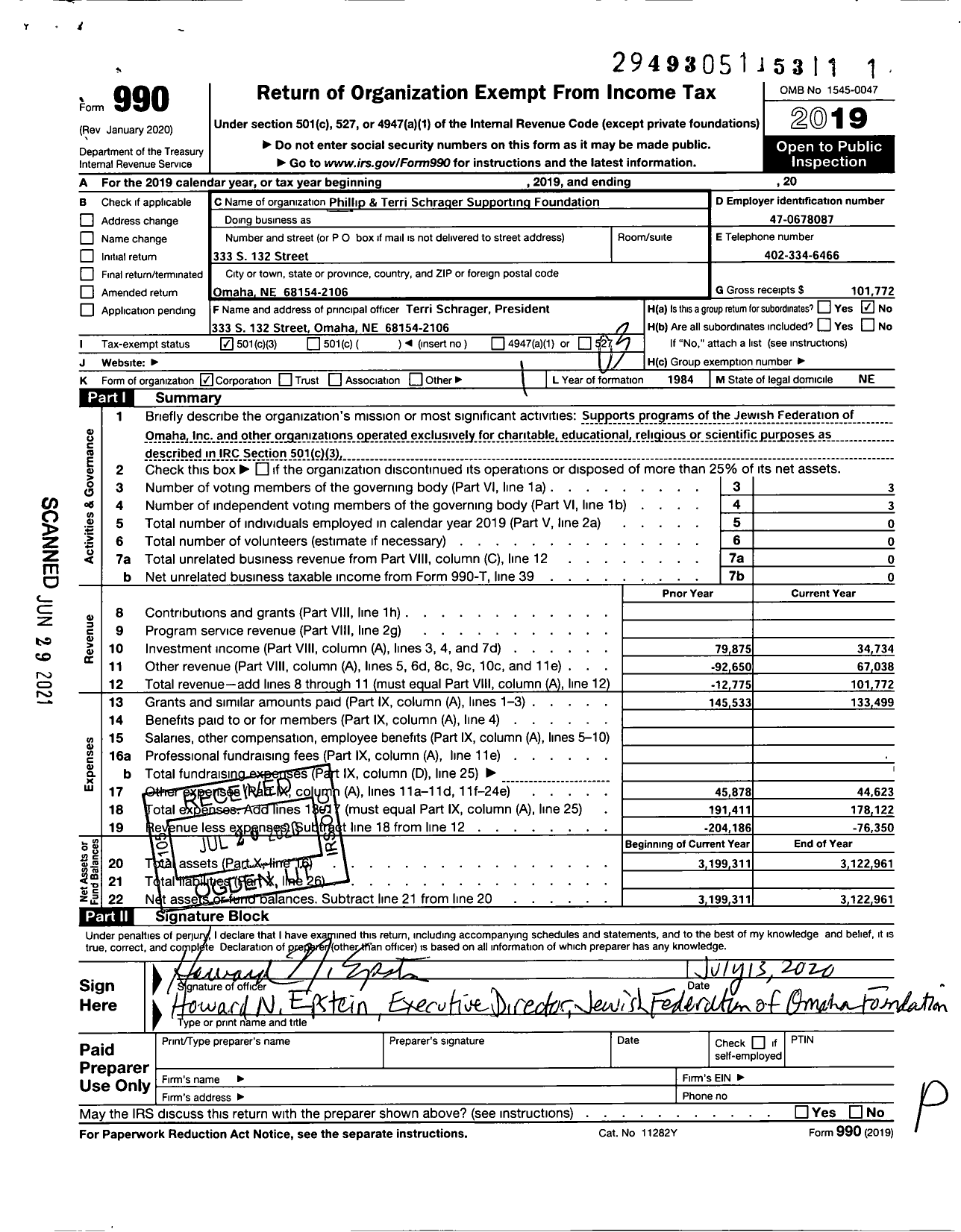 Image of first page of 2019 Form 990 for Phillip G Schrager and Terri L Schrager Foundation