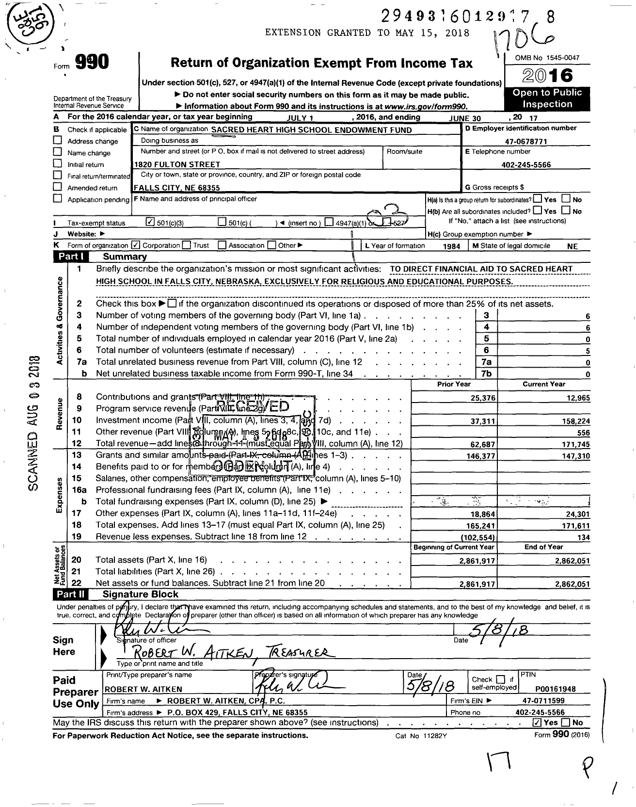 Image of first page of 2016 Form 990 for Falls City Sacred Heart Catholic School Foundation