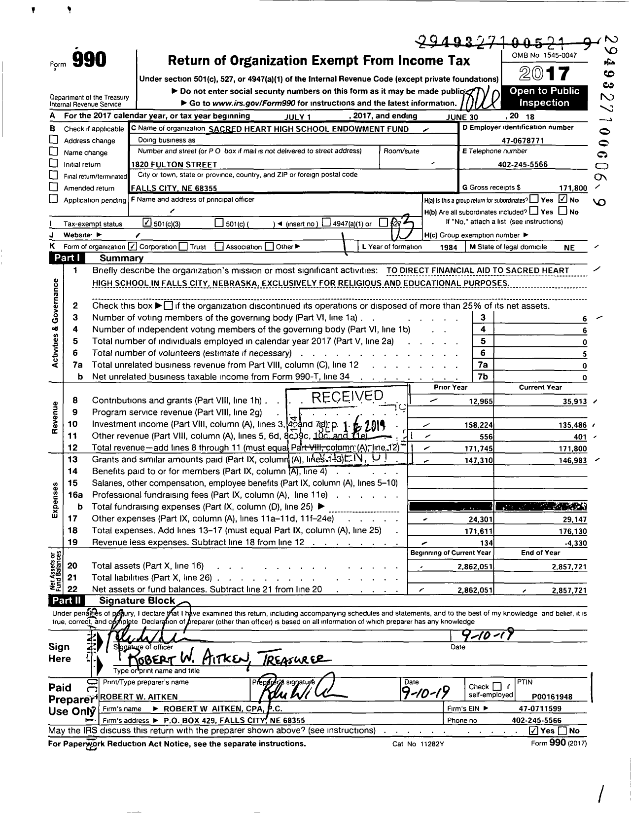 Image of first page of 2017 Form 990 for Falls City Sacred Heart Catholic School Foundation