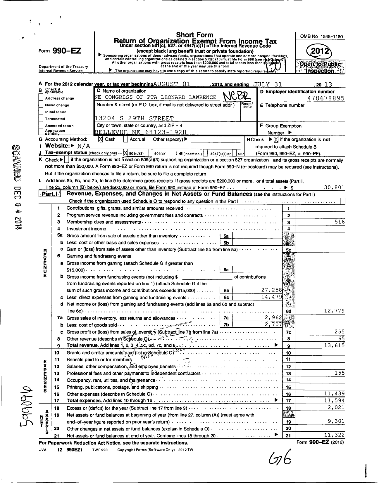 Image of first page of 2012 Form 990EZ for Nebraska Congress of Parents and Teachers / Leonard Lawrence PTA