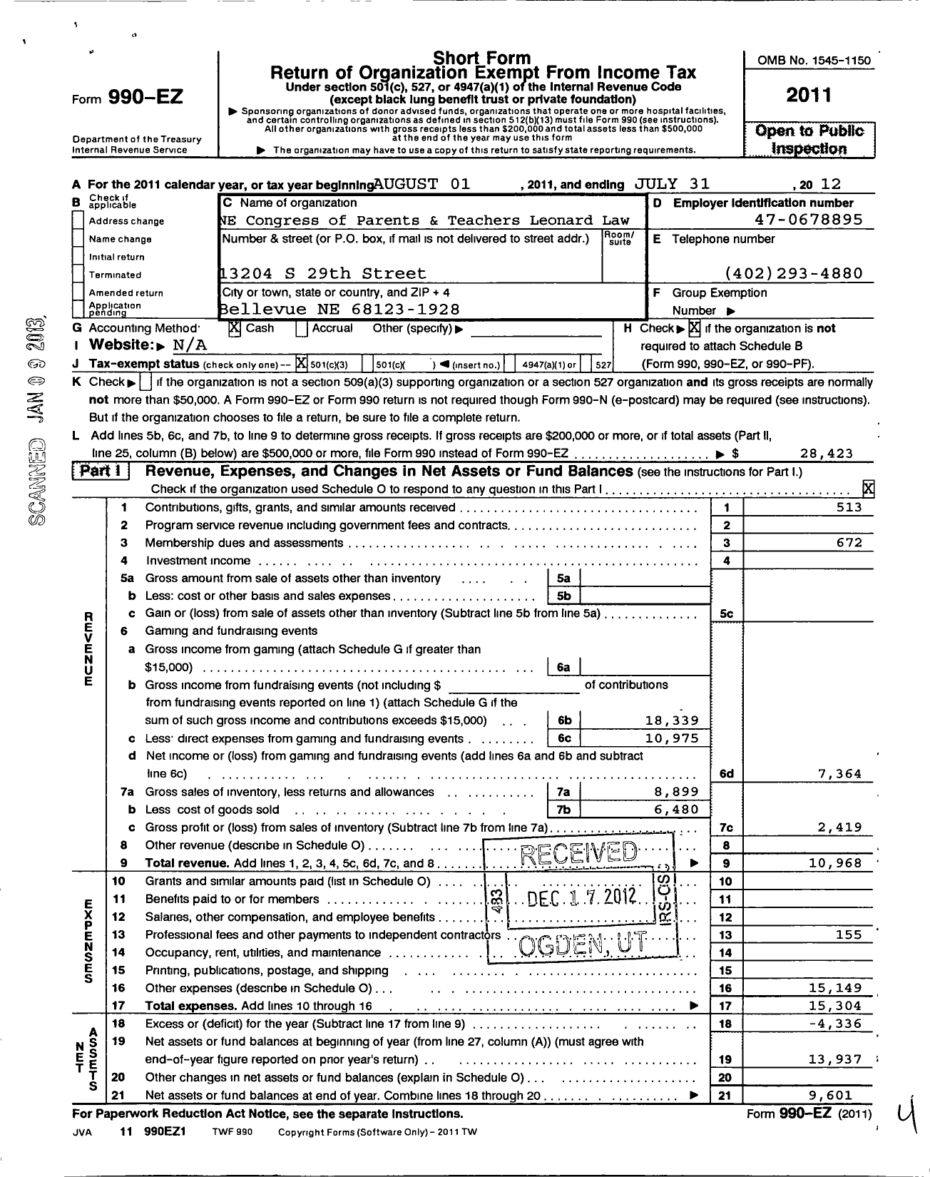 Image of first page of 2011 Form 990EZ for Nebraska Congress of Parents and Teachers / Leonard Lawrence PTA