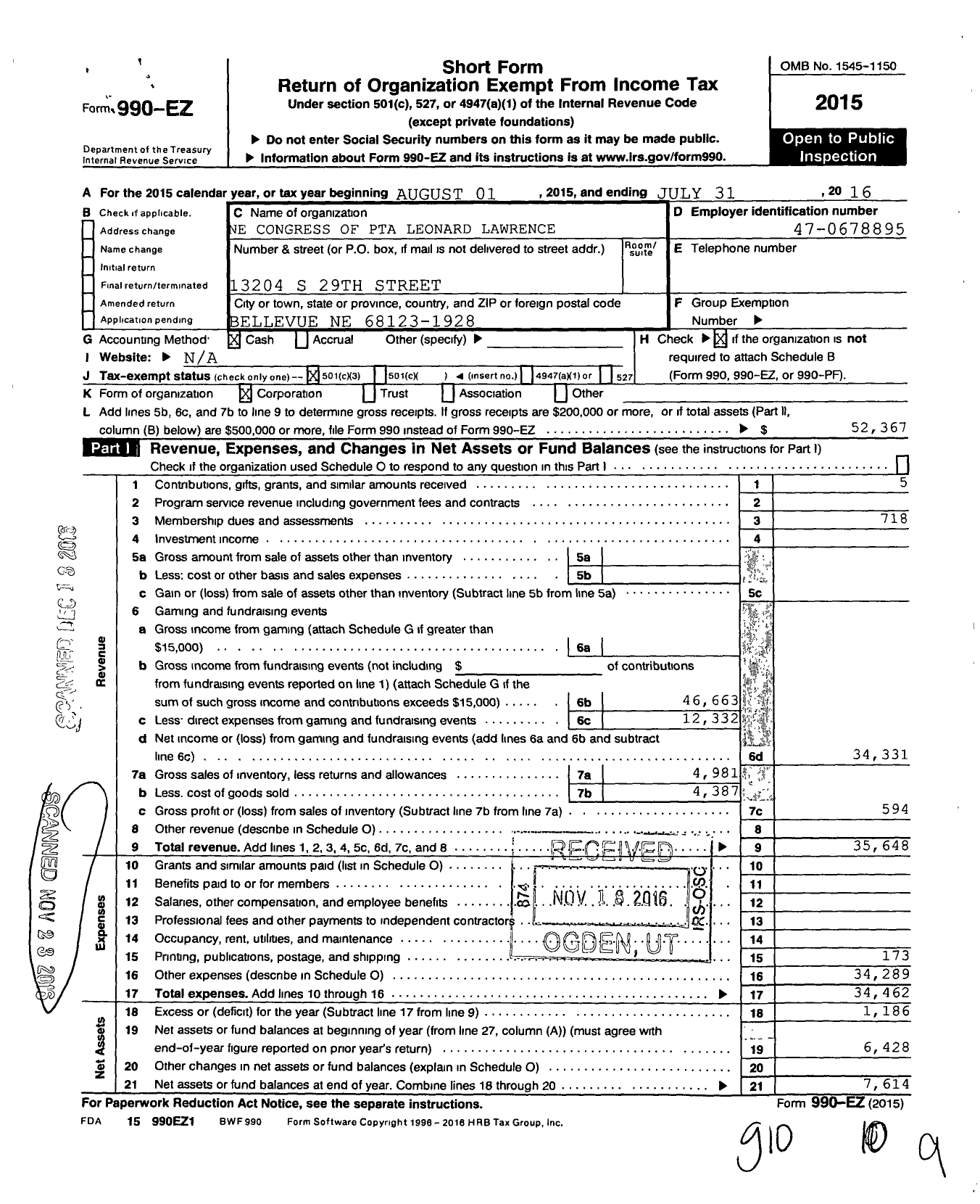 Image of first page of 2015 Form 990EZ for Nebraska Congress of Parents and Teachers / Leonard Lawrence PTA