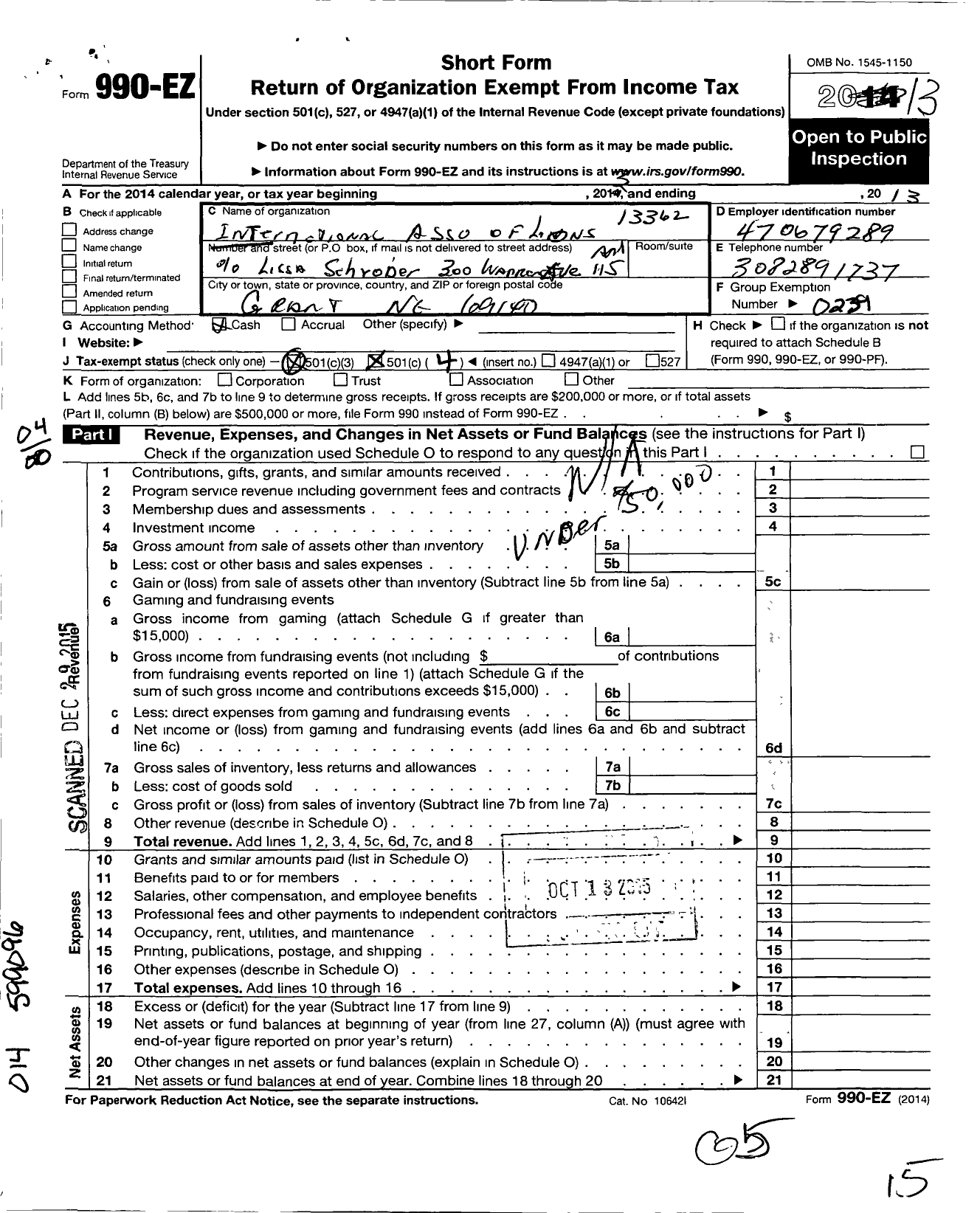 Image of first page of 2013 Form 990EO for Lions Clubs - 13362 Grant