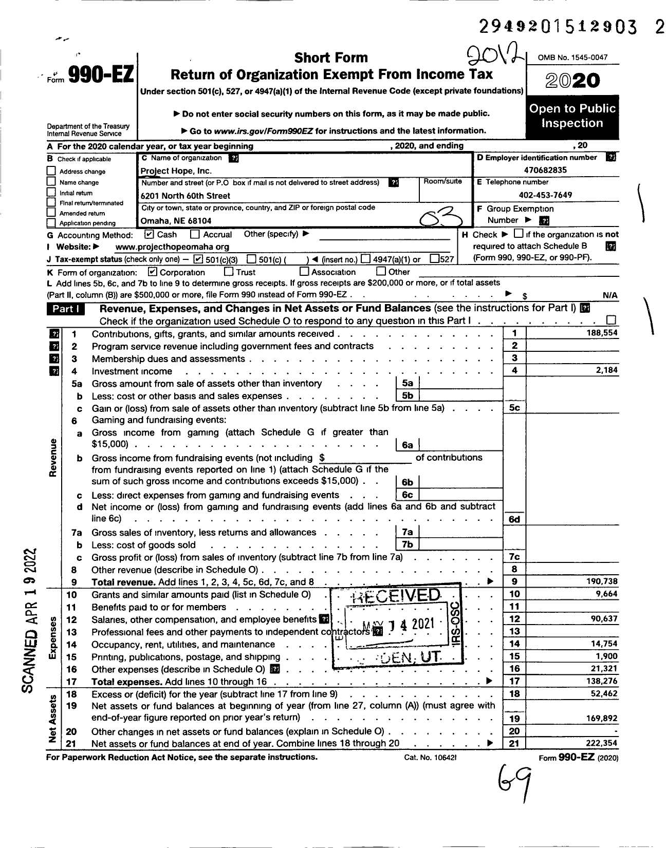 Image of first page of 2020 Form 990EZ for Project Hope