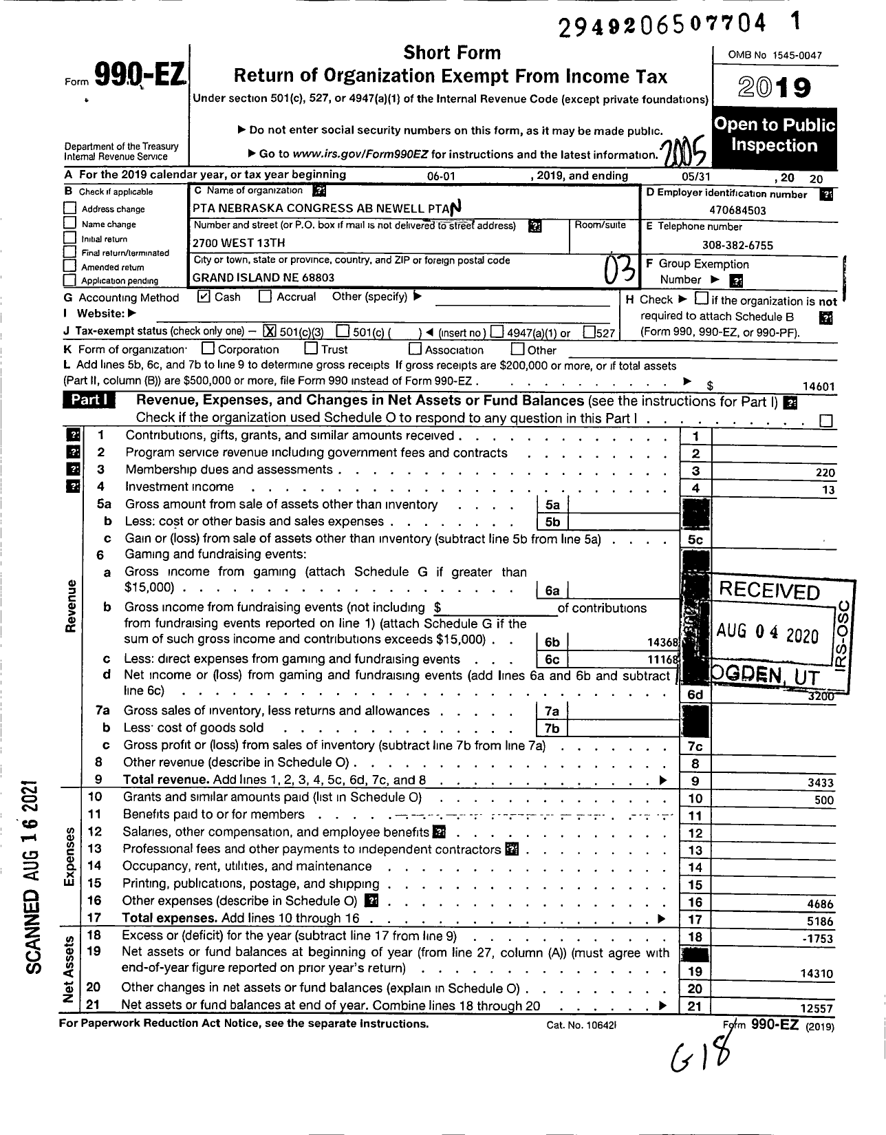 Image of first page of 2019 Form 990EZ for Nebraska Congress of Parents and Teachers / A B Newell PTA