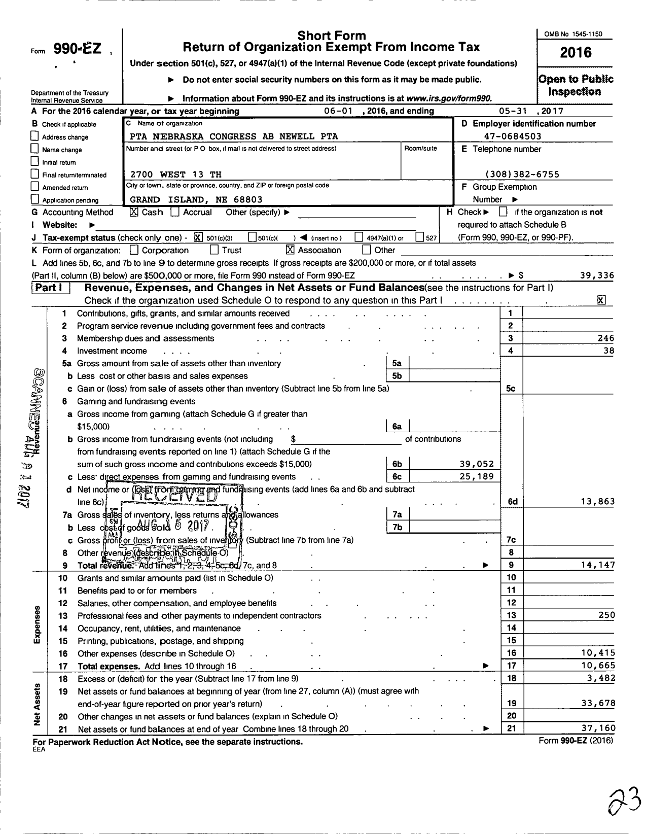 Image of first page of 2016 Form 990EZ for Nebraska Congress of Parents and Teachers / A B Newell PTA