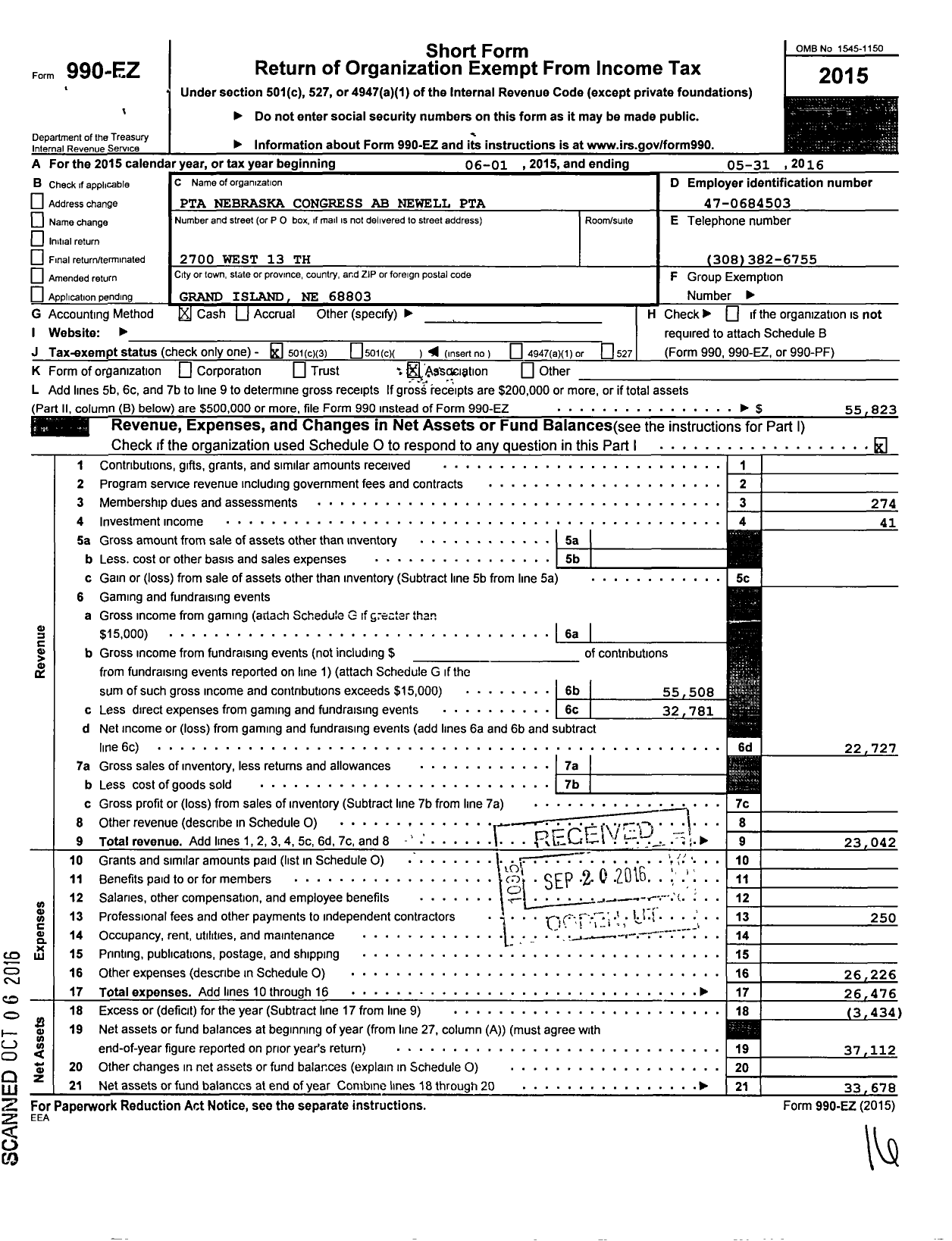 Image of first page of 2015 Form 990EZ for Nebraska Congress of Parents and Teachers / A B Newell PTA