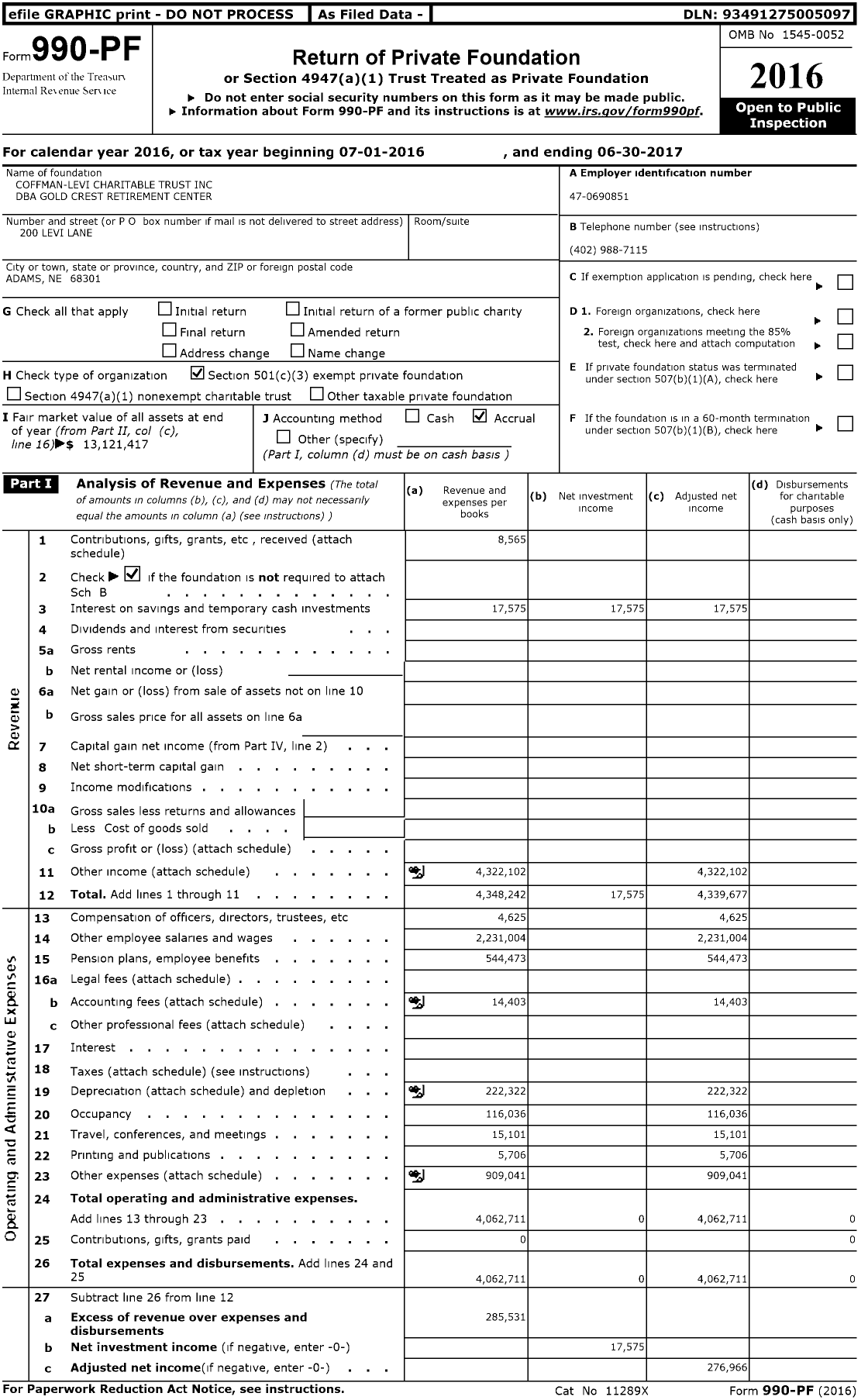 Image of first page of 2016 Form 990PF for Gold Crest Retirement Center