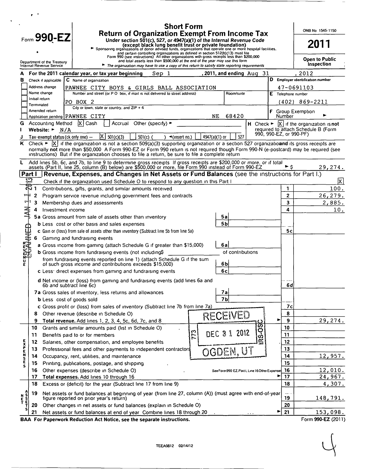 Image of first page of 2011 Form 990EZ for Pawnee City Boys and Girls Ball Association