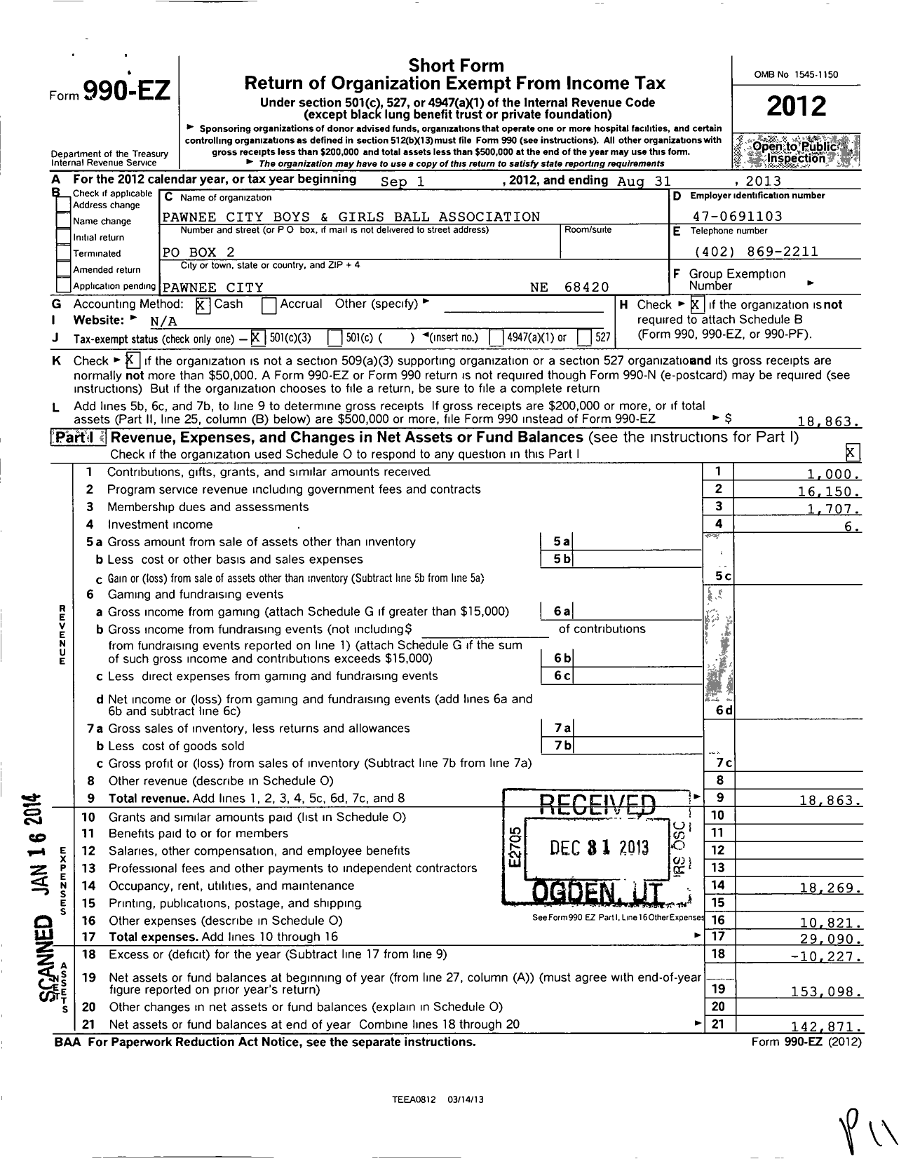 Image of first page of 2012 Form 990EZ for Pawnee City Boys and Girls Ball Association