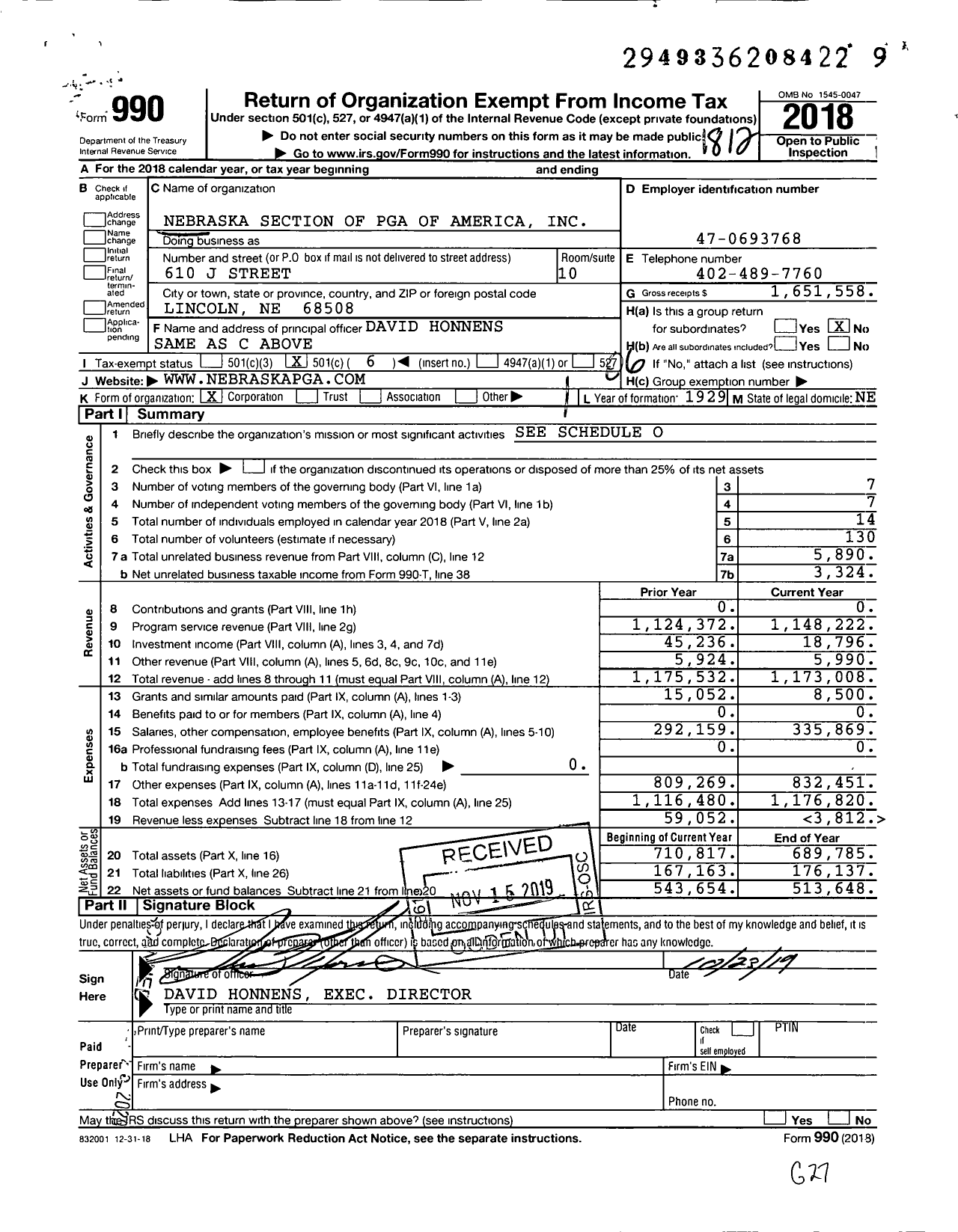 Image of first page of 2018 Form 990O for Nebraska Section of Pga of America