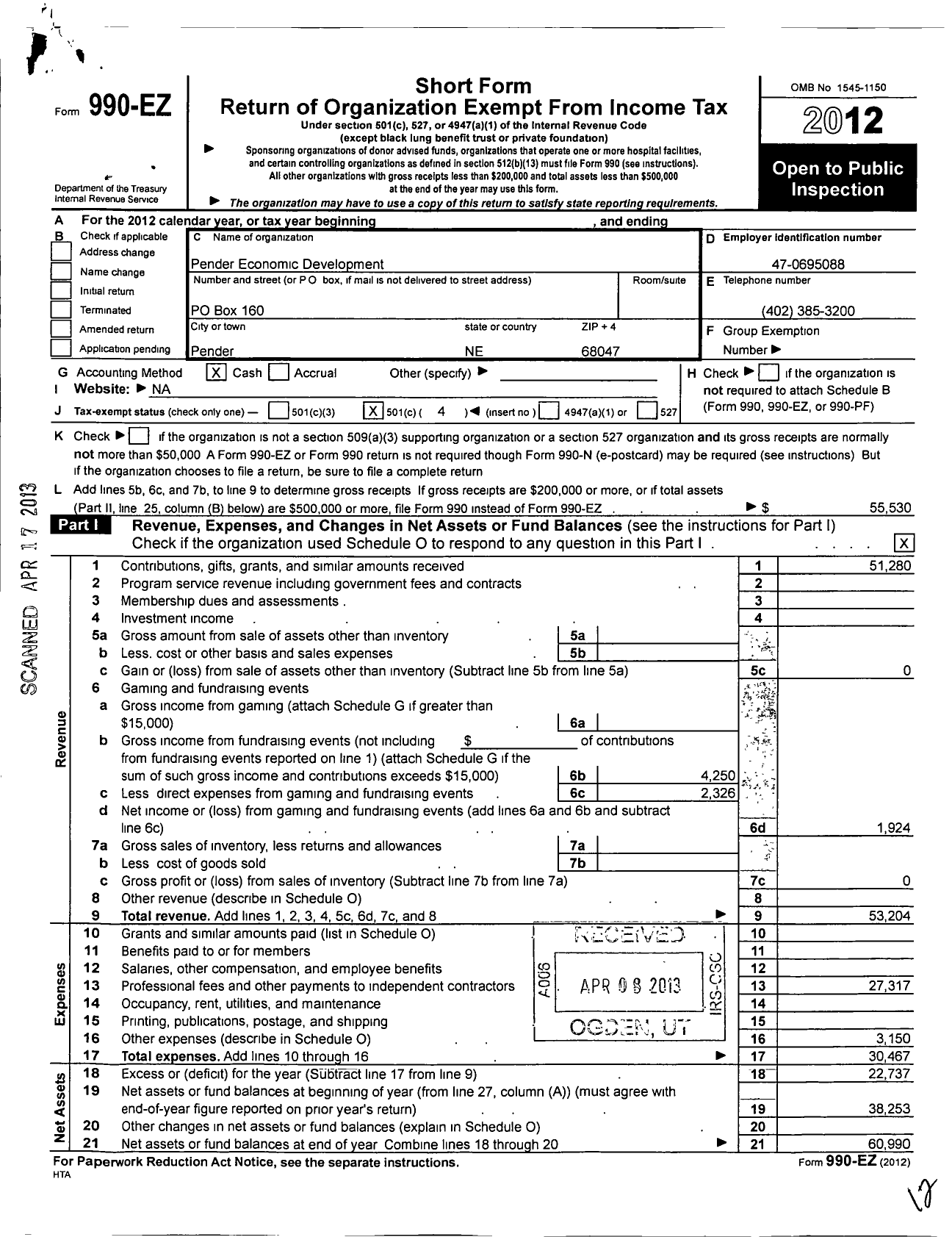 Image of first page of 2012 Form 990EO for Pender Economic Development