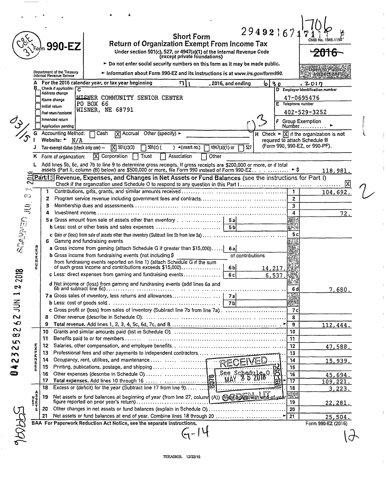 Image of first page of 2016 Form 990EZ for Wisner Community Senior Citizens