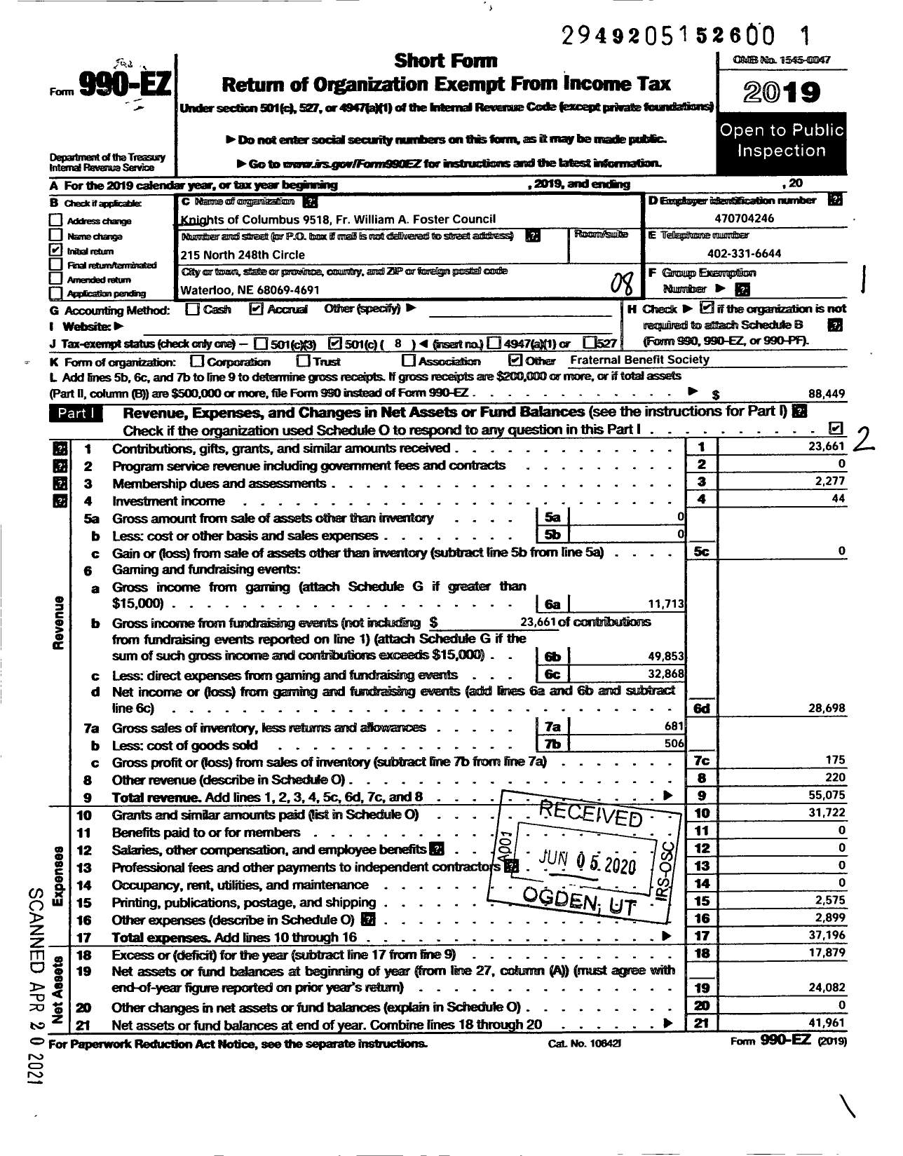 Image of first page of 2019 Form 990EO for KNIGHTS OF COLUMBUS - 9518 Fr William A Foster