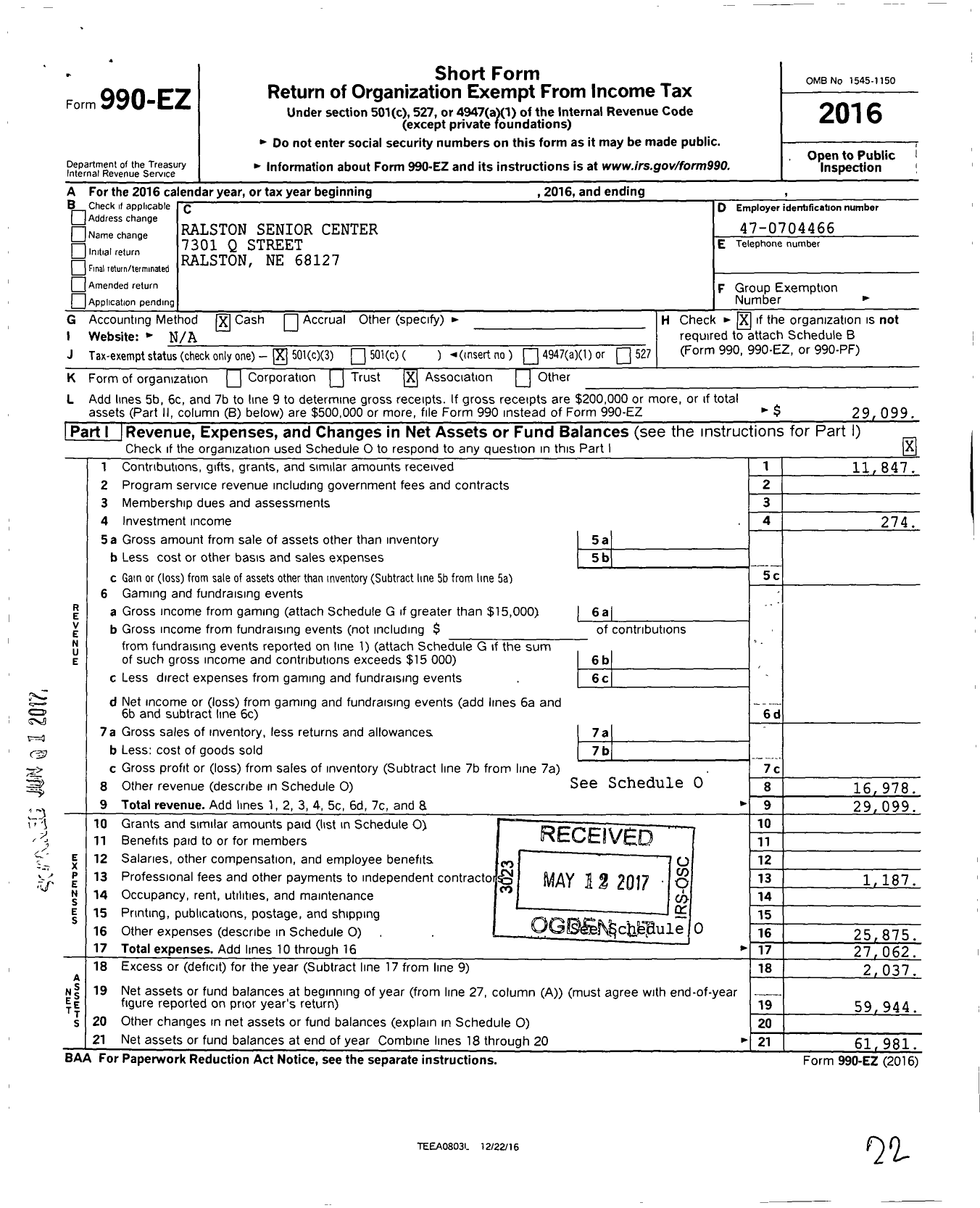 Image of first page of 2016 Form 990EZ for Ralston Senior Center
