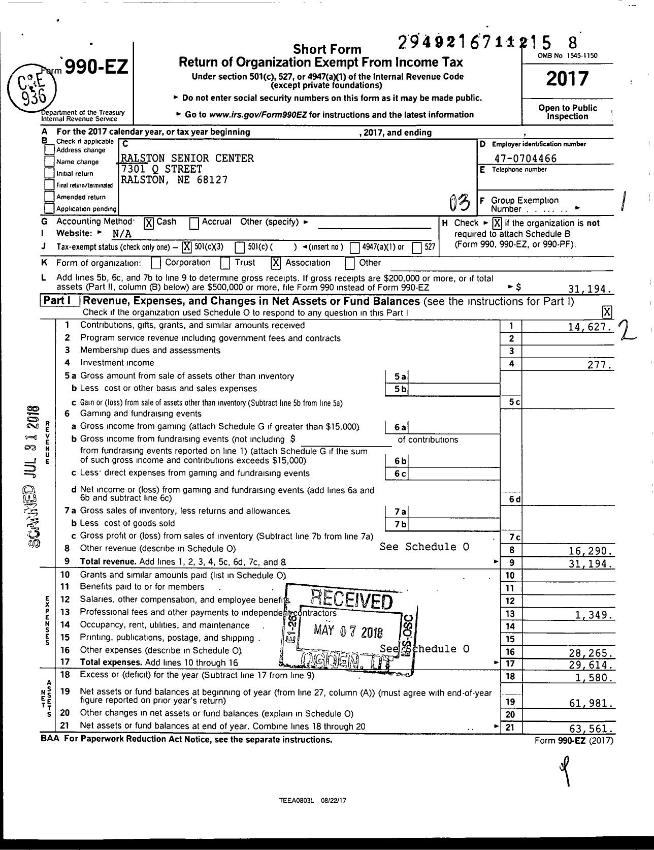 Image of first page of 2017 Form 990EZ for Ralston Senior Center