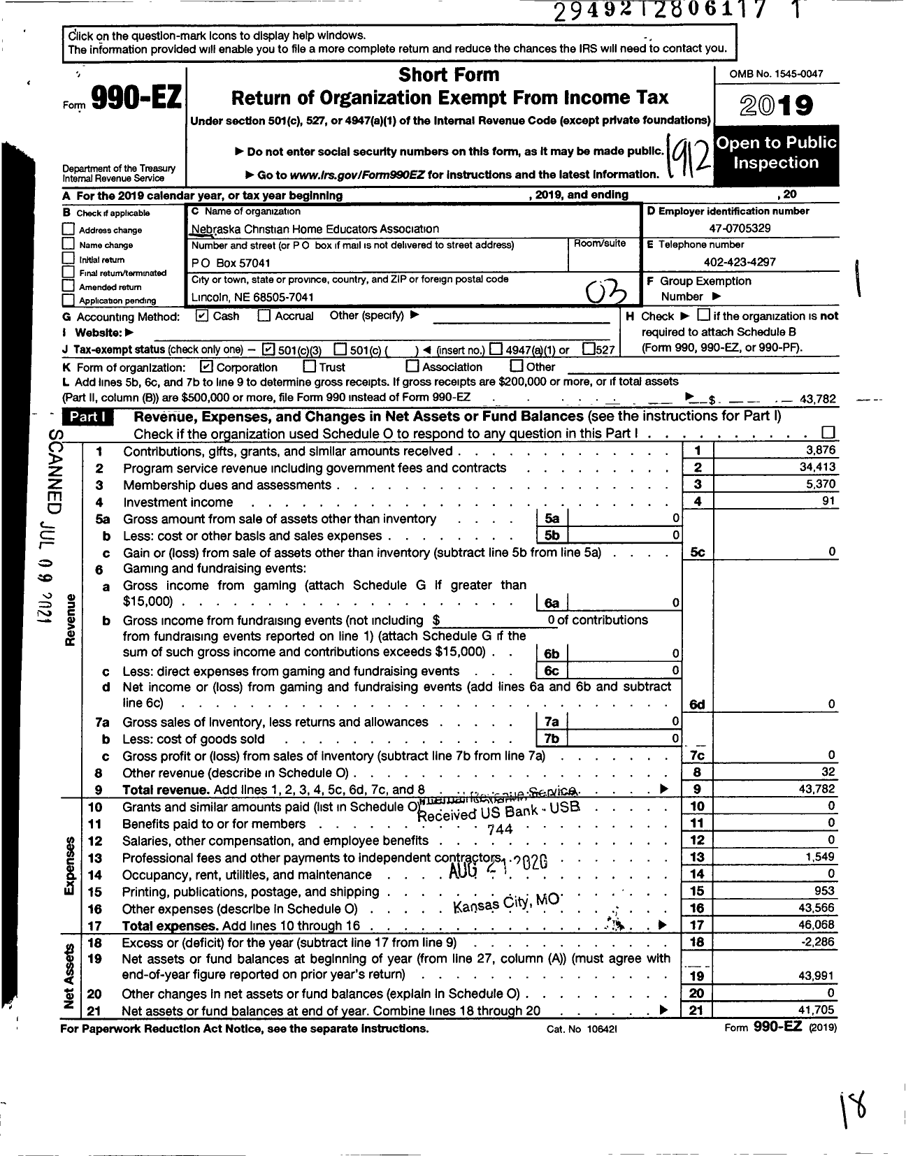 Image of first page of 2019 Form 990EZ for Nebraska Christian Home Educators Association