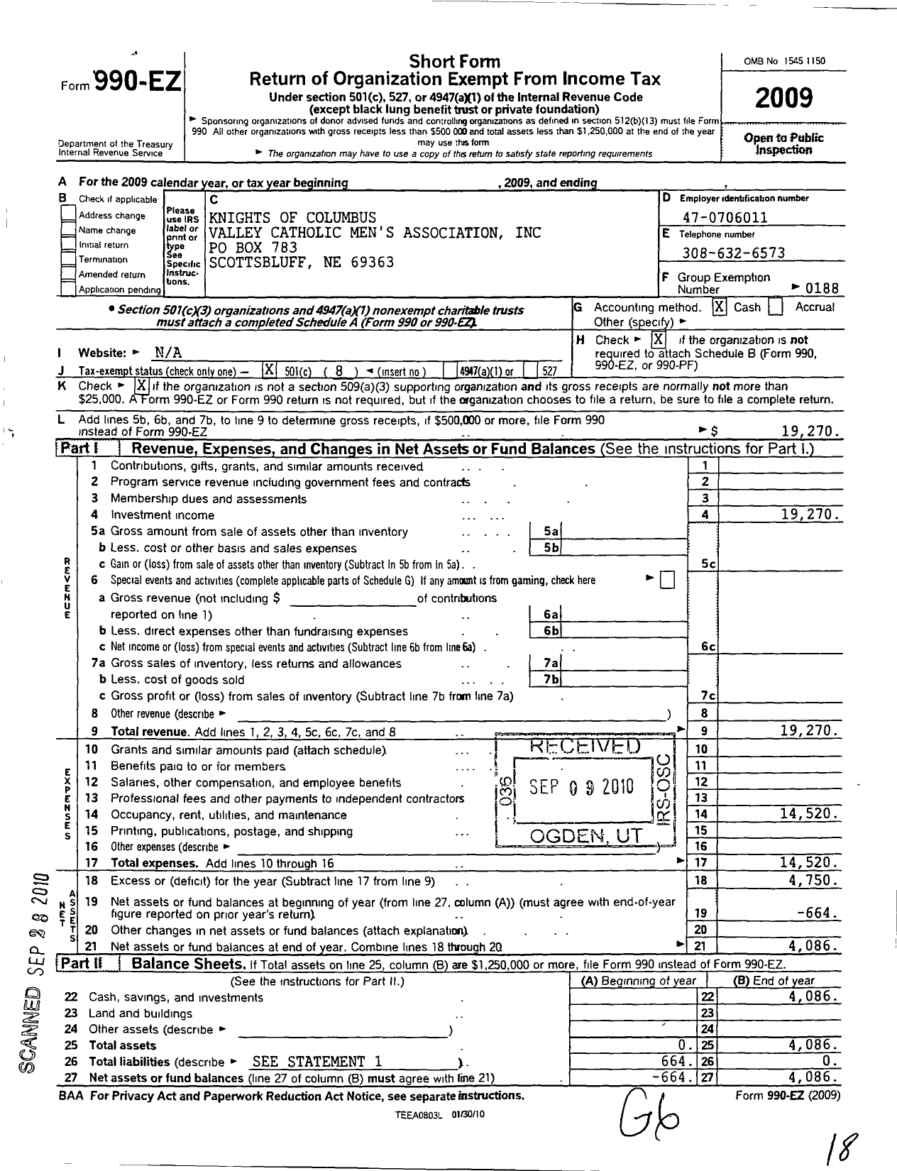 Image of first page of 2009 Form 990EO for Knights of Columbus - Valley Catholic Mens Association in