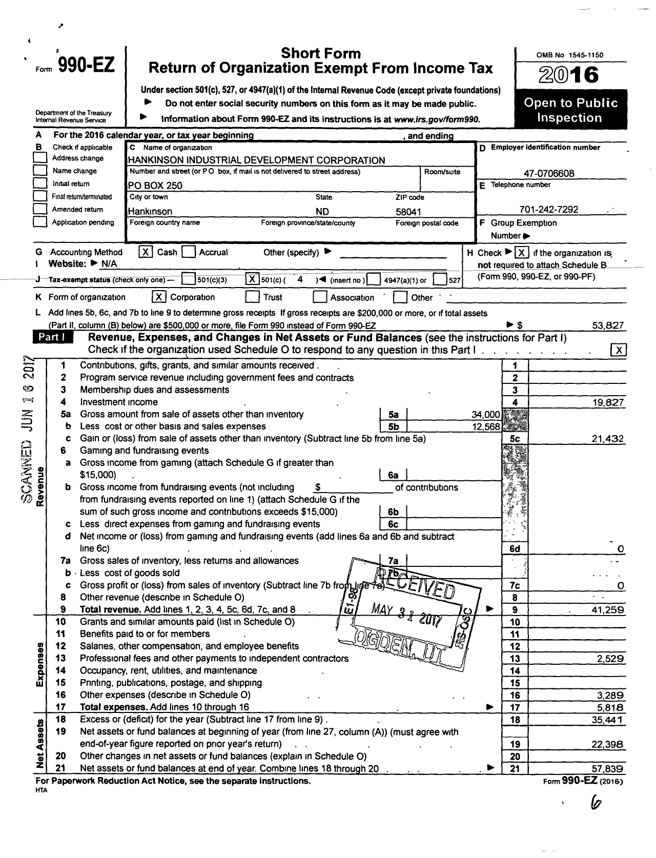 Image of first page of 2016 Form 990EO for Hankinson Industrial Development Corporation