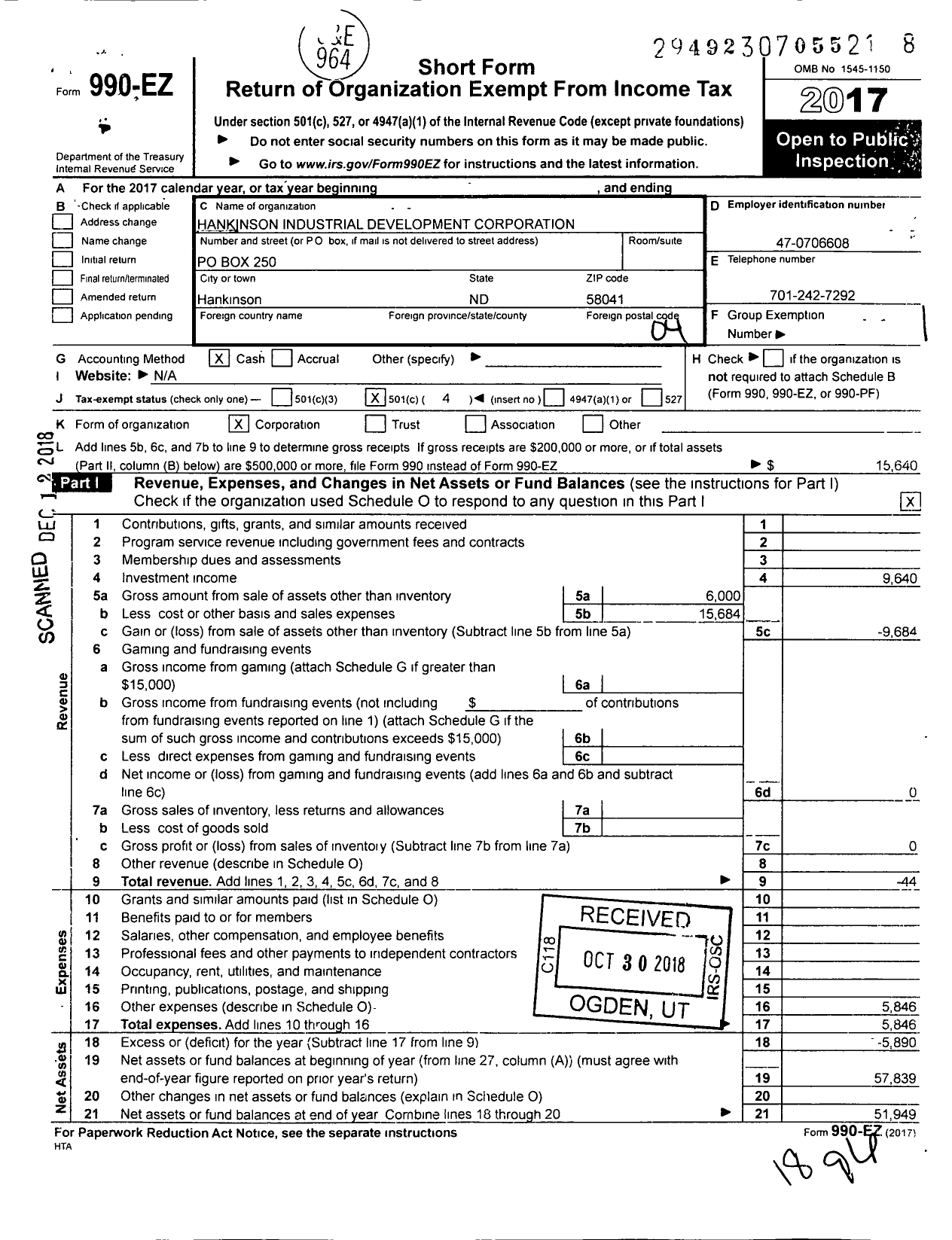 Image of first page of 2017 Form 990EO for Hankinson Industrial Development Corporation