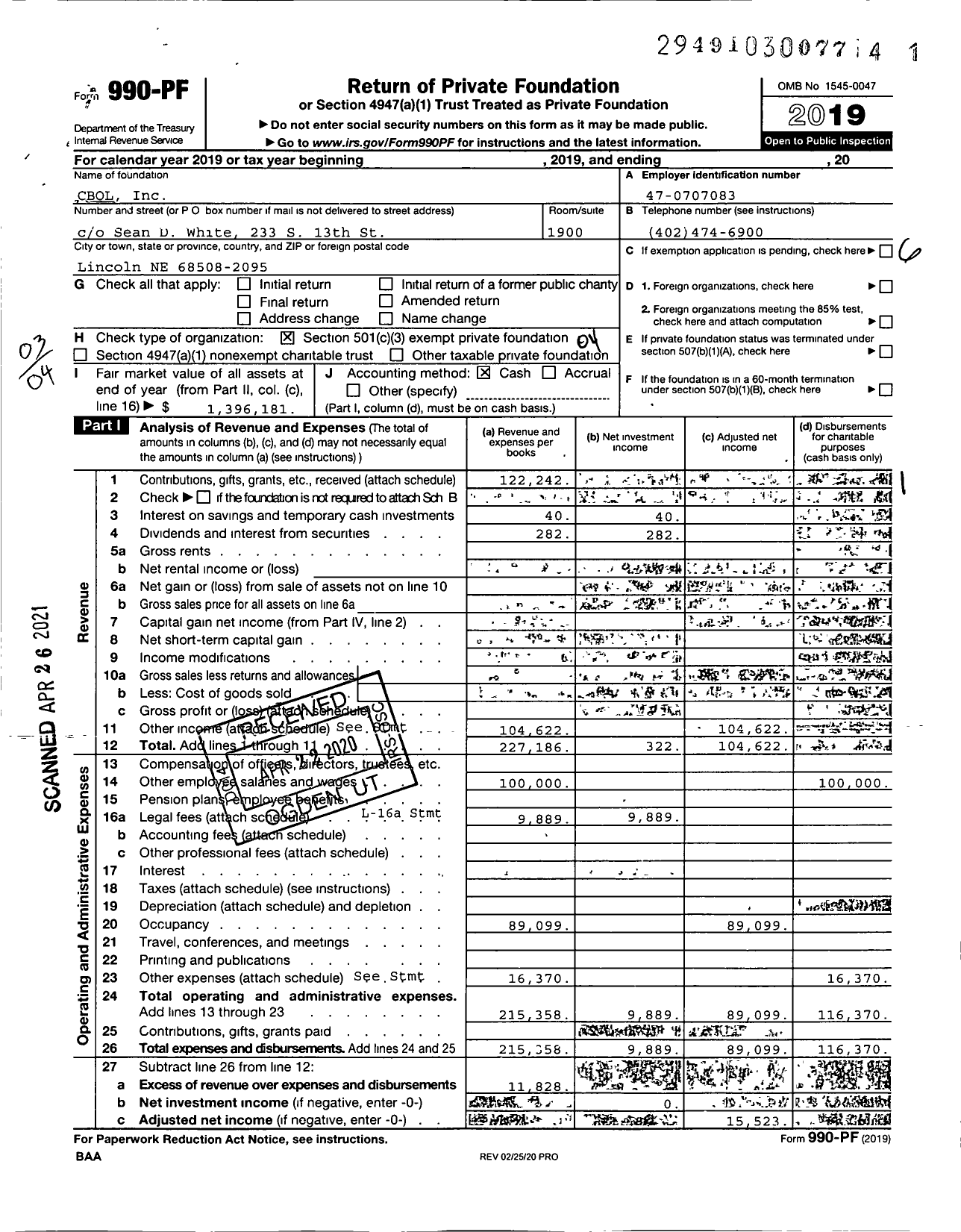 Image of first page of 2019 Form 990PF for Cbol