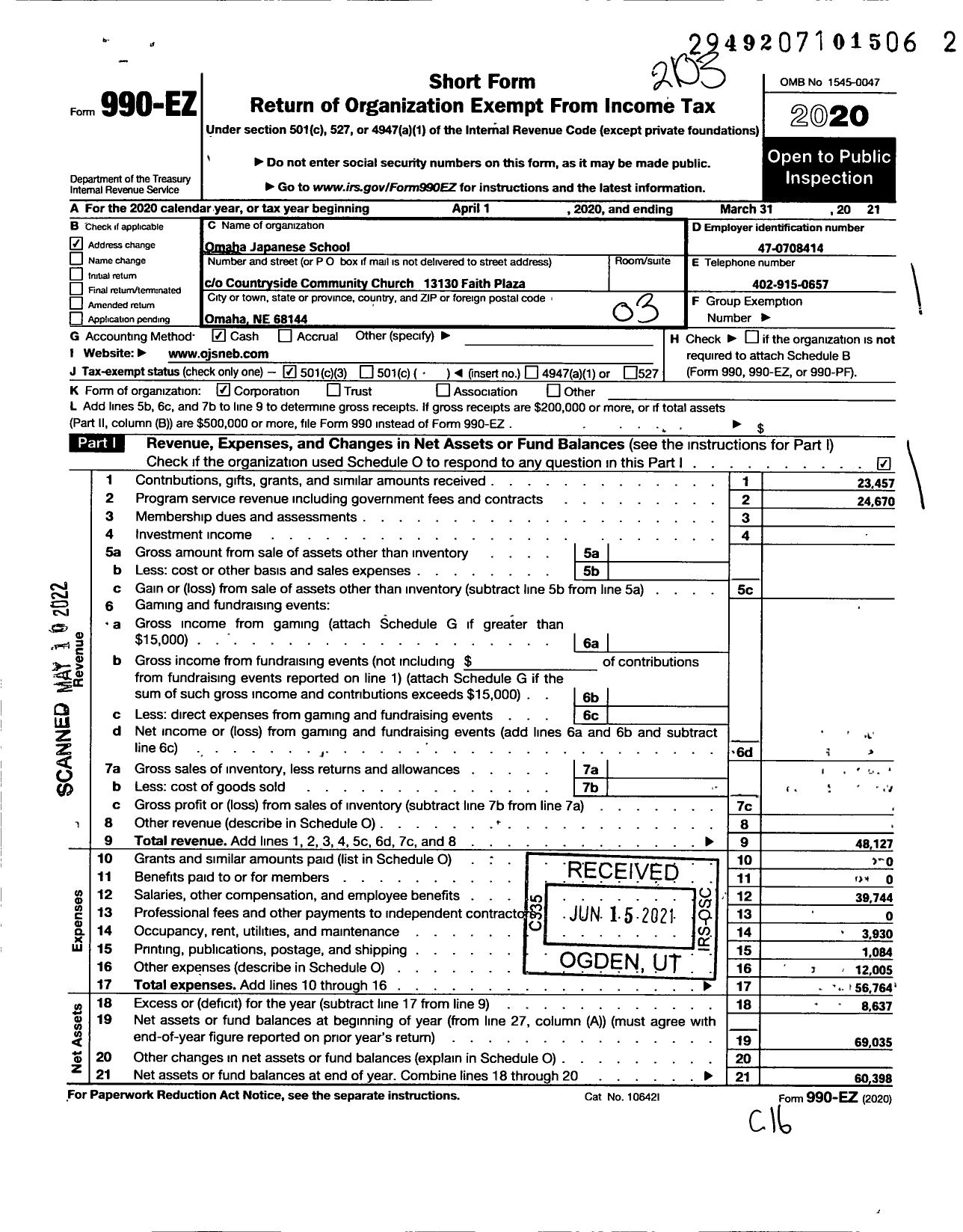 Image of first page of 2020 Form 990EZ for Omaha Japanese School