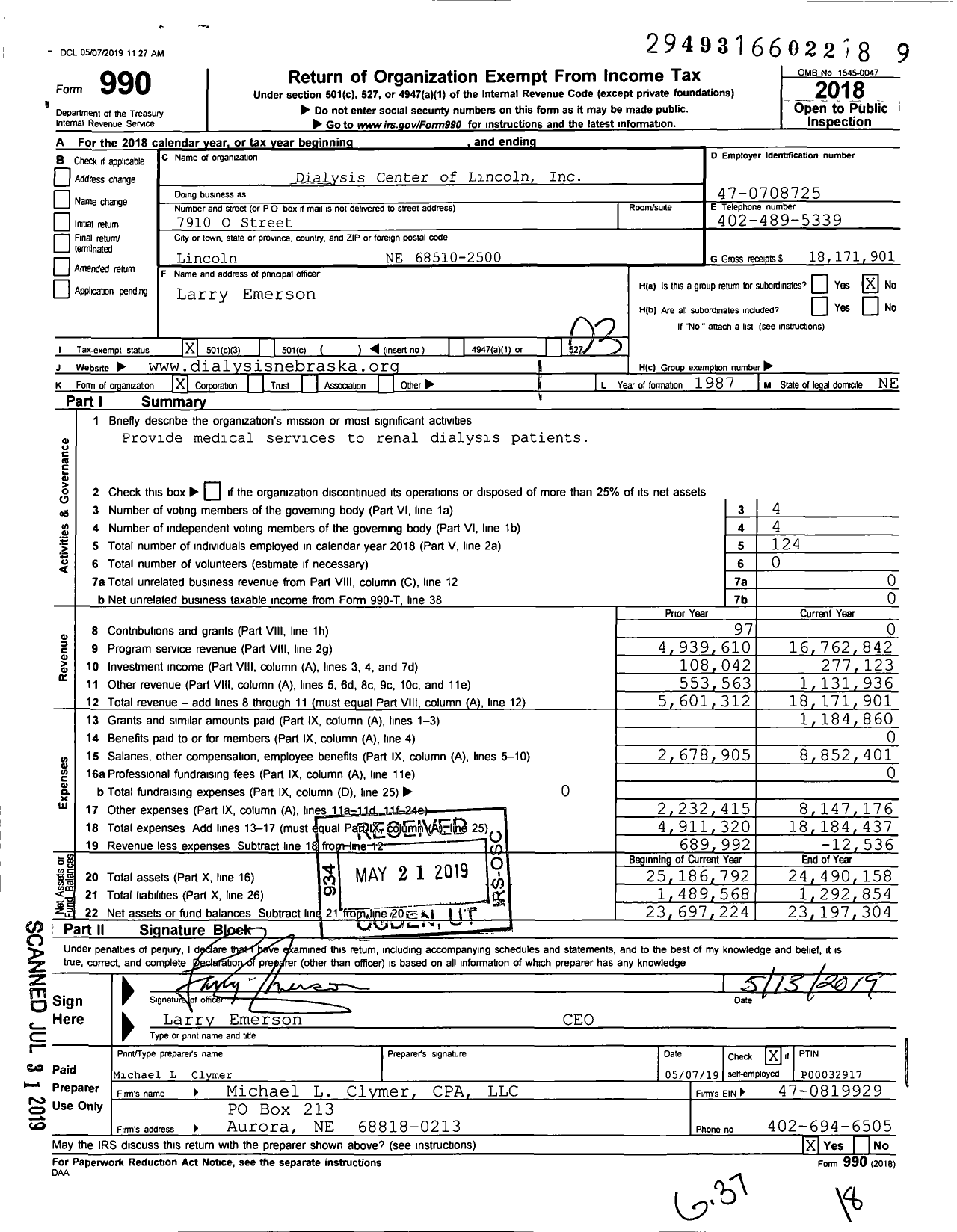 Image of first page of 2018 Form 990 for Dialysis Center of Lincoln (DCL)