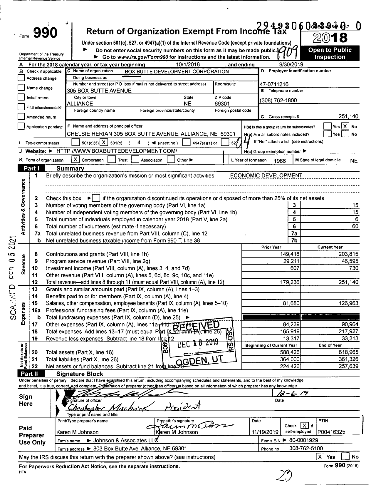 Image of first page of 2018 Form 990O for Box Butte Development Corporation